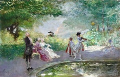 Elegantes in a Park - Impressionist Oil, Figures in Landscape by Mose Bianchi