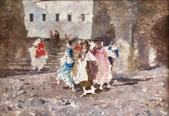 Figures in a Square - Impressionist Oil, Landscape by Mose di Giosue Bianchi