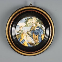 Moses aus den Wassern gerettet Maiolica-Rondell in Holzrahmen Mitte 19.