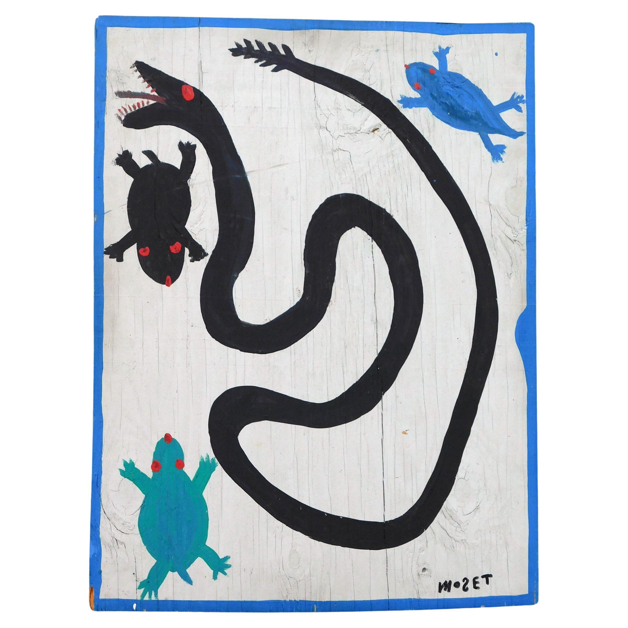 Si tratta di un meraviglioso dipinto naif su pannello di legno dell'artista nero autodidatta 
Mose Tolliver (1920-2000). È un ottimo esempio dello stile folk-art unico di Mose.
Presenta il serpente a sonagli e altri 3 animali insoliti. 
Ci sono
