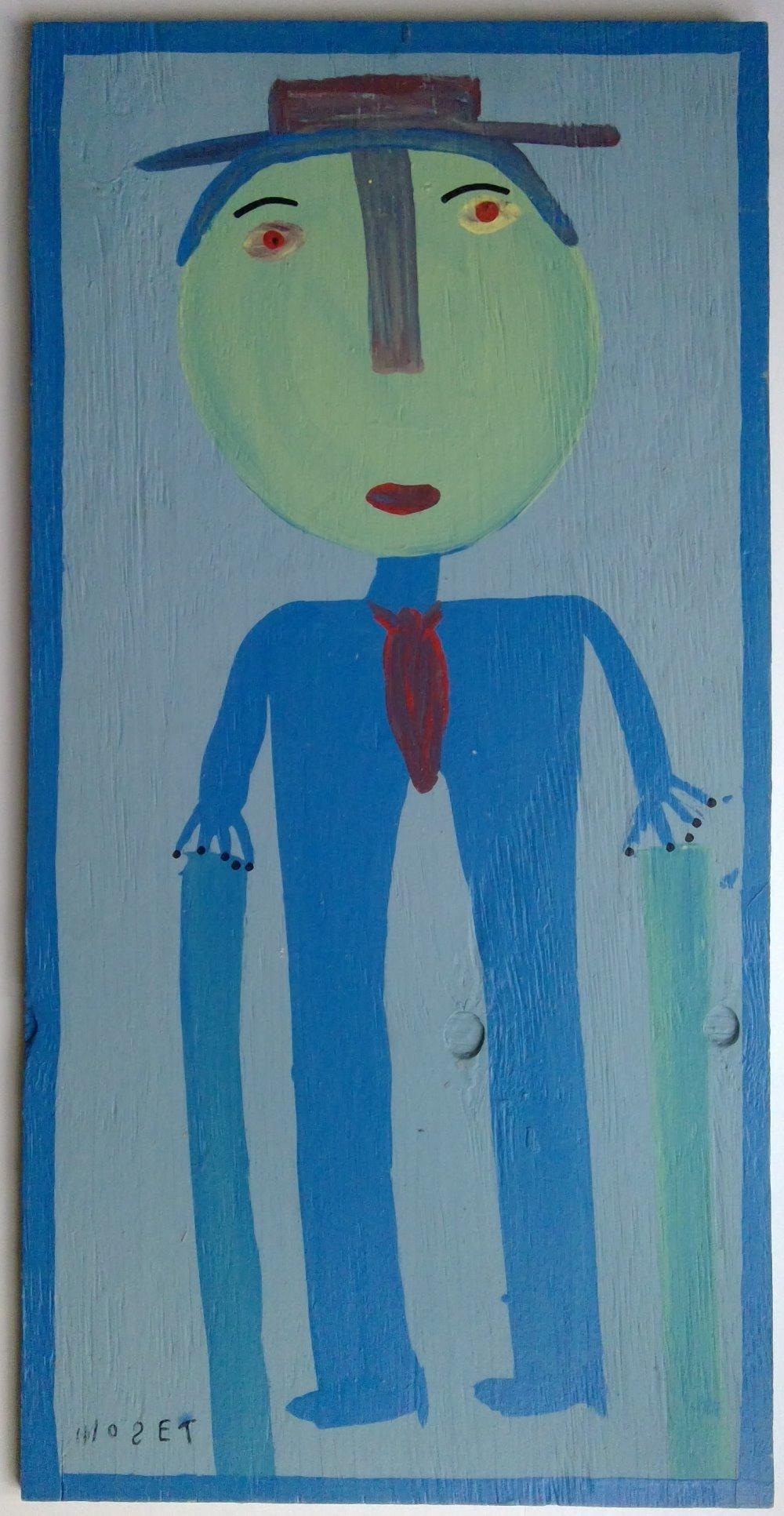 Self Portrait. 1993.   Latex house paint on plywood. 32 x 16 inches.  Signed 'Moset' lower left.  Exhibited: 