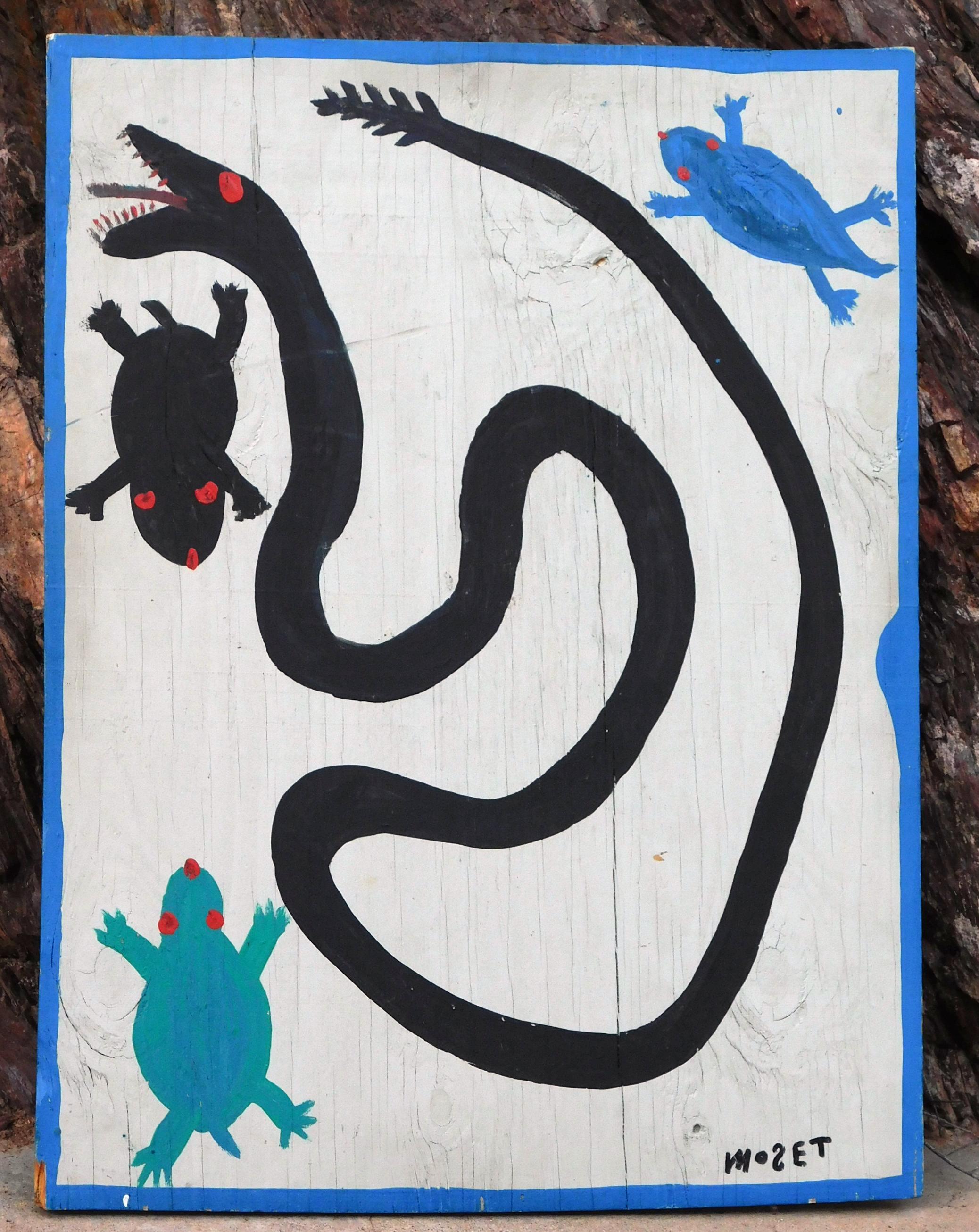 Folk Art Mose Tolliver Rattlesnake Painting on Wood Panel - Circa 1980's For Sale