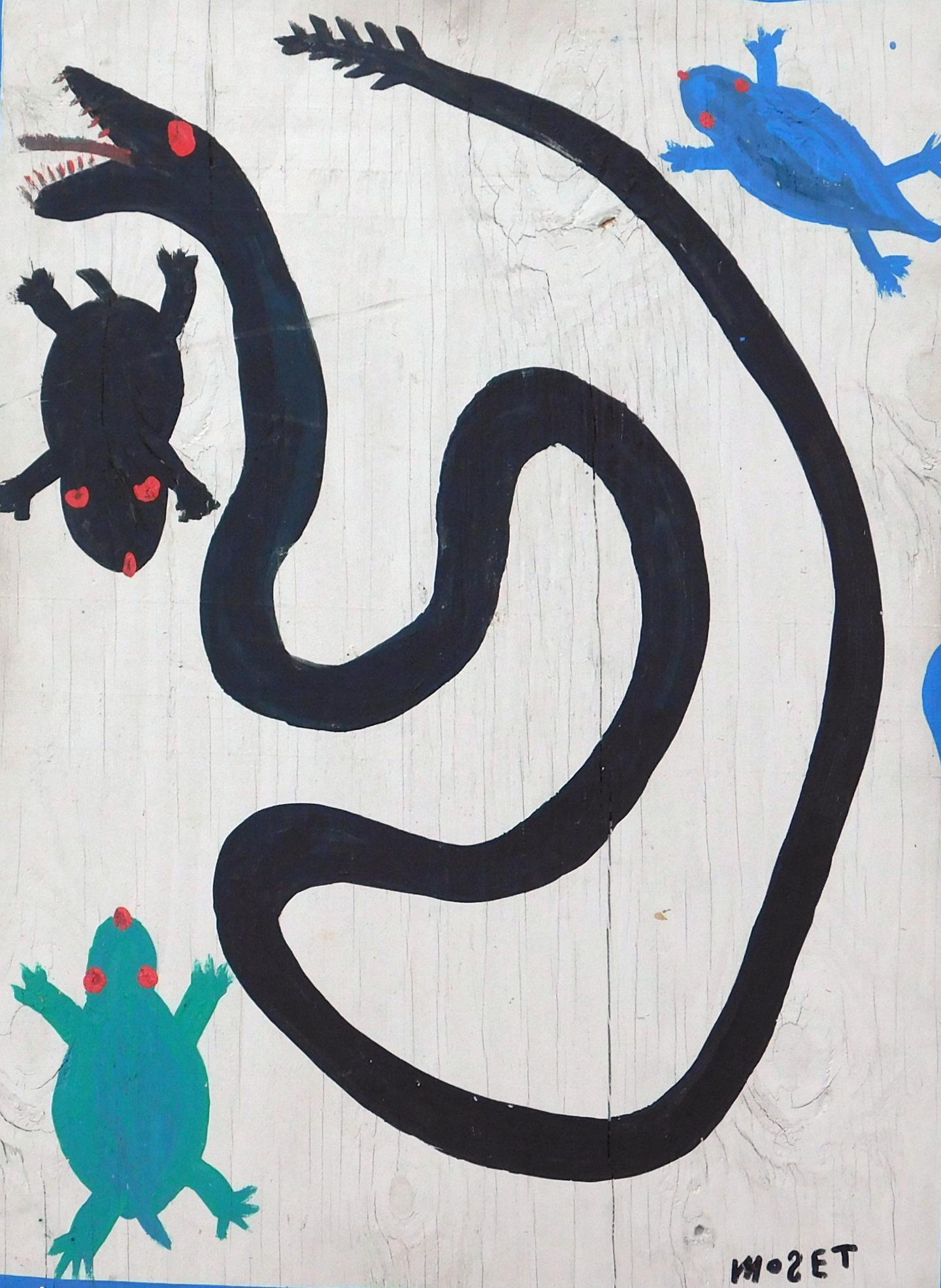 Mose Tolliver Rattlesnake Painting on Wood Panel - Circa 1980's In Good Condition For Sale In Phoenix, AZ