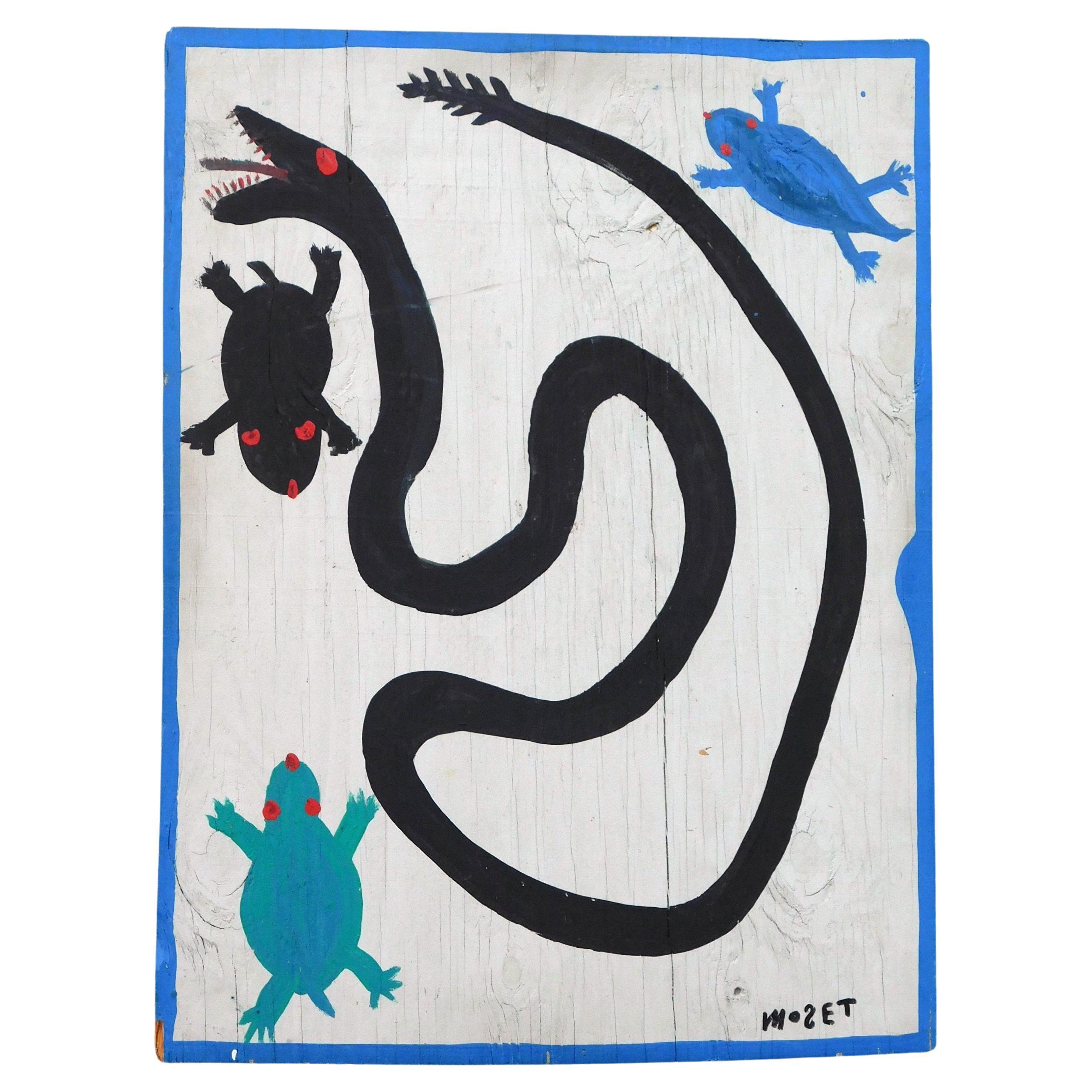 Mose Tolliver Rattlesnake-Gemälde auf Holzplatte - ca. 1980er Jahre