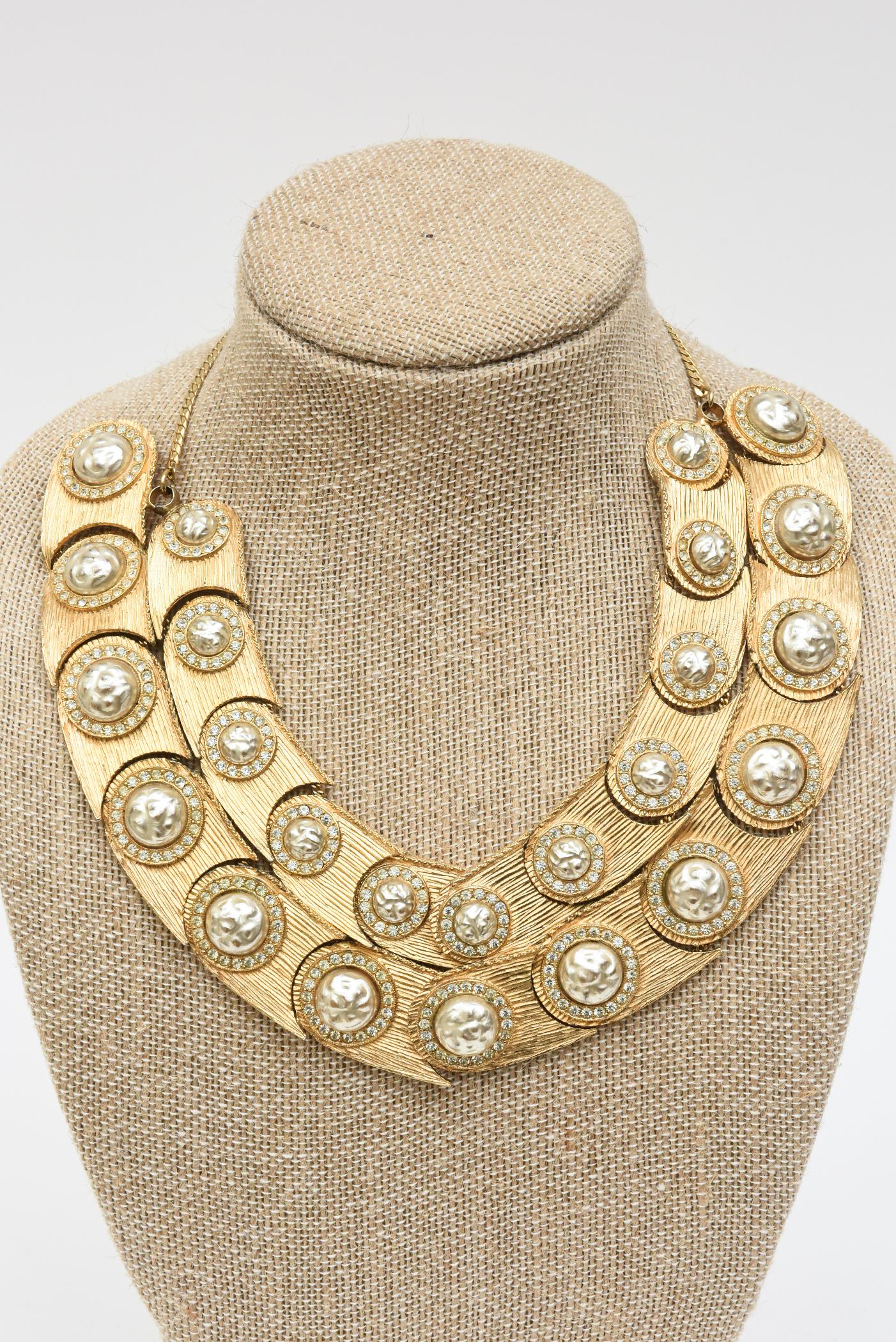 Women's Mosell Vintage Faux Baroque Pearl, Rhinestone, Gilt Metal Bib Necklace For Sale