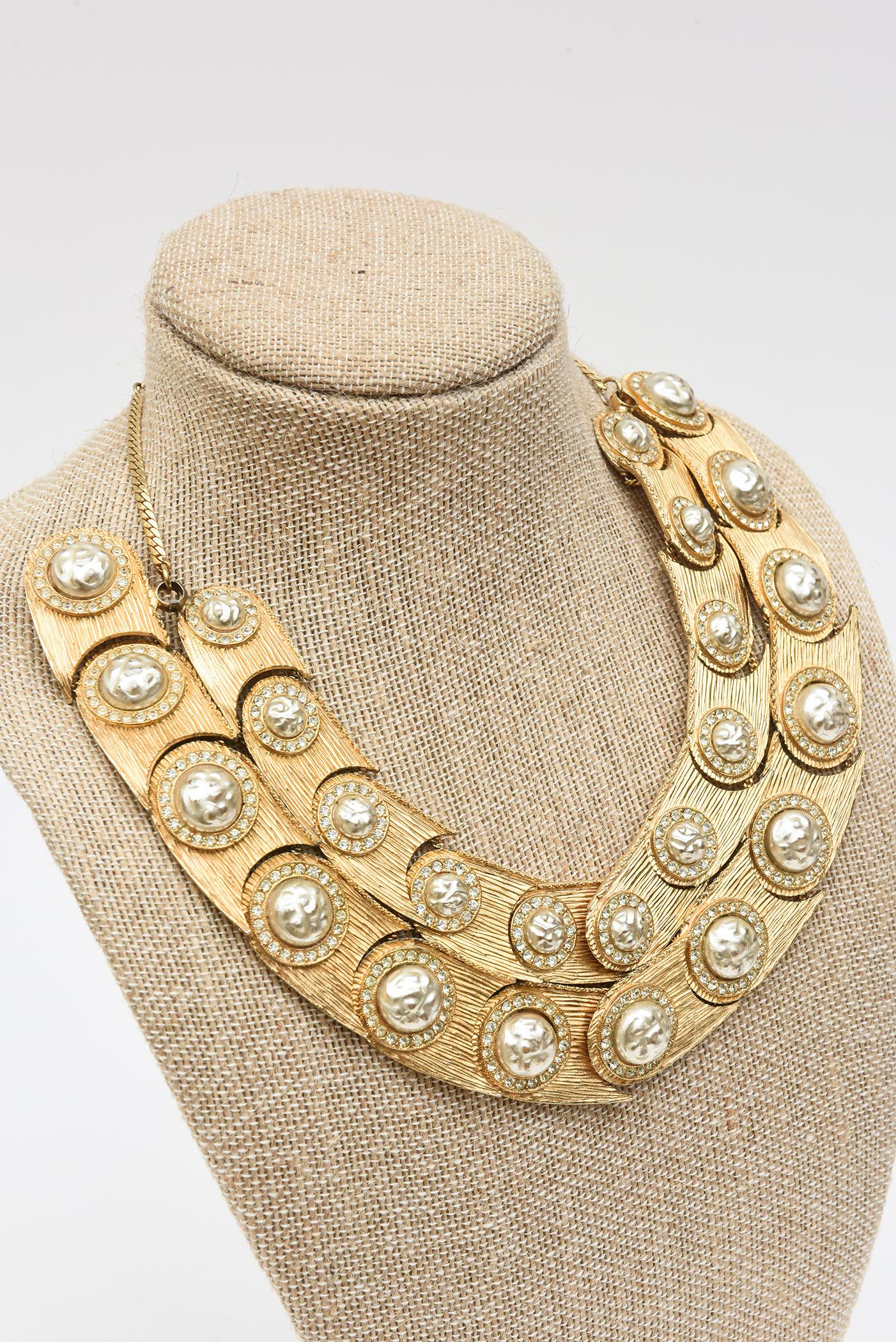 Mosell Vintage Faux Baroque Pearl, Rhinestone, Gilt Metal Bib Necklace For Sale 1