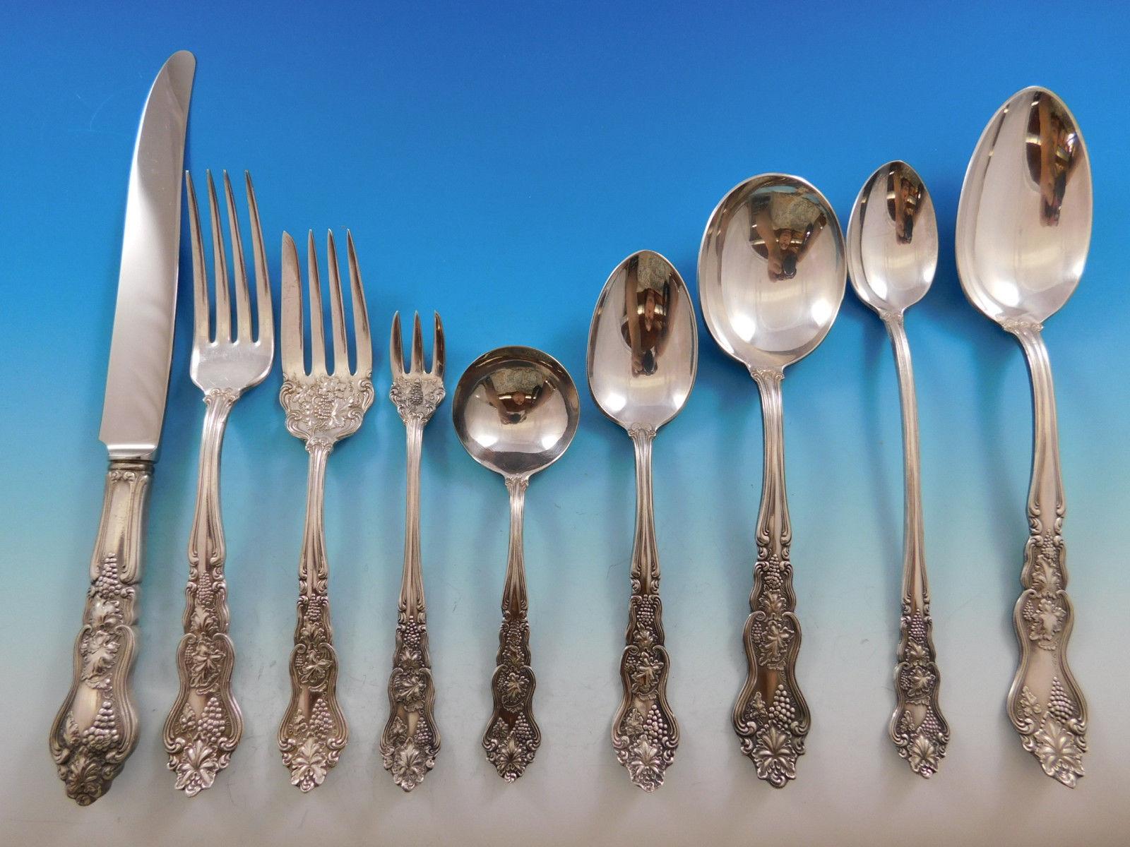 Outstanding Moselle by International Silverplated Flatware, 118 pieces. Art Nouveau in style, with flowing grapes, leaves and tendrils. This is the most popular grape motif flatware pattern - with good reason, as the detailing is superb. This set