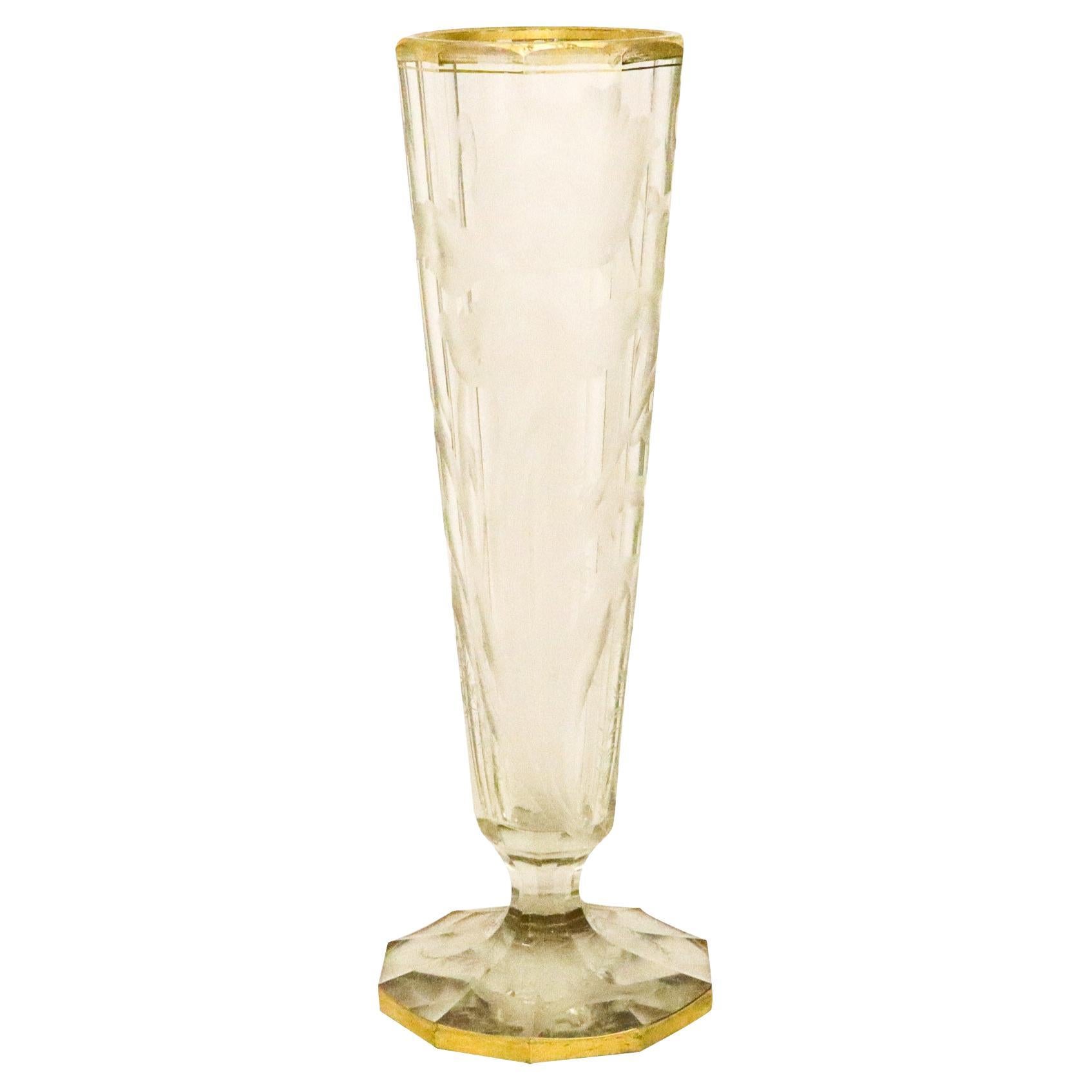 Moser 1900 Czech Bohemian Art Nouveau Tall Etched Glass Vase with 24kt Gilding For Sale