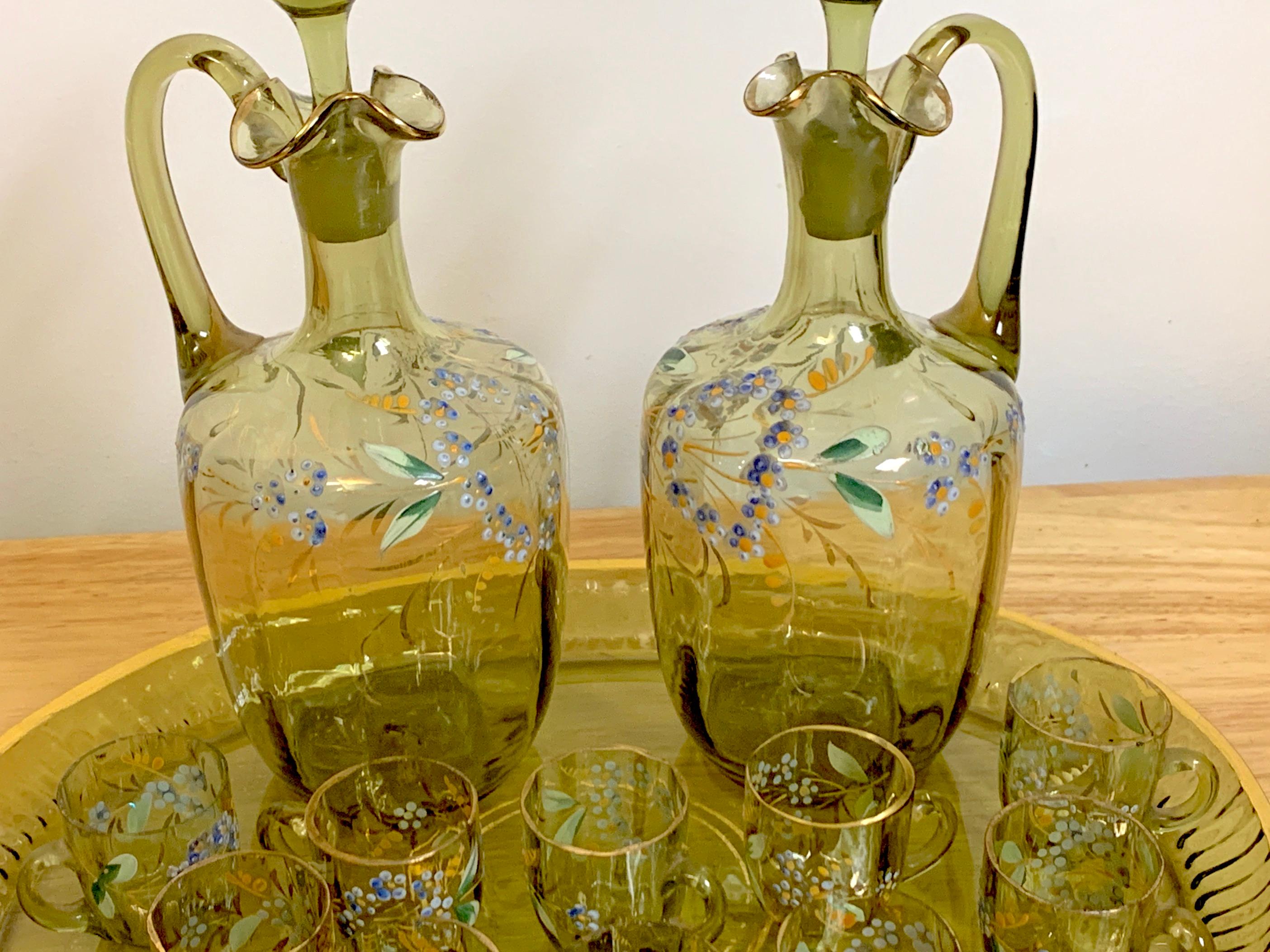 Austrian Moser Aesthetic Enameled Cordial/ Liquor Set, 15-Pieces For Sale