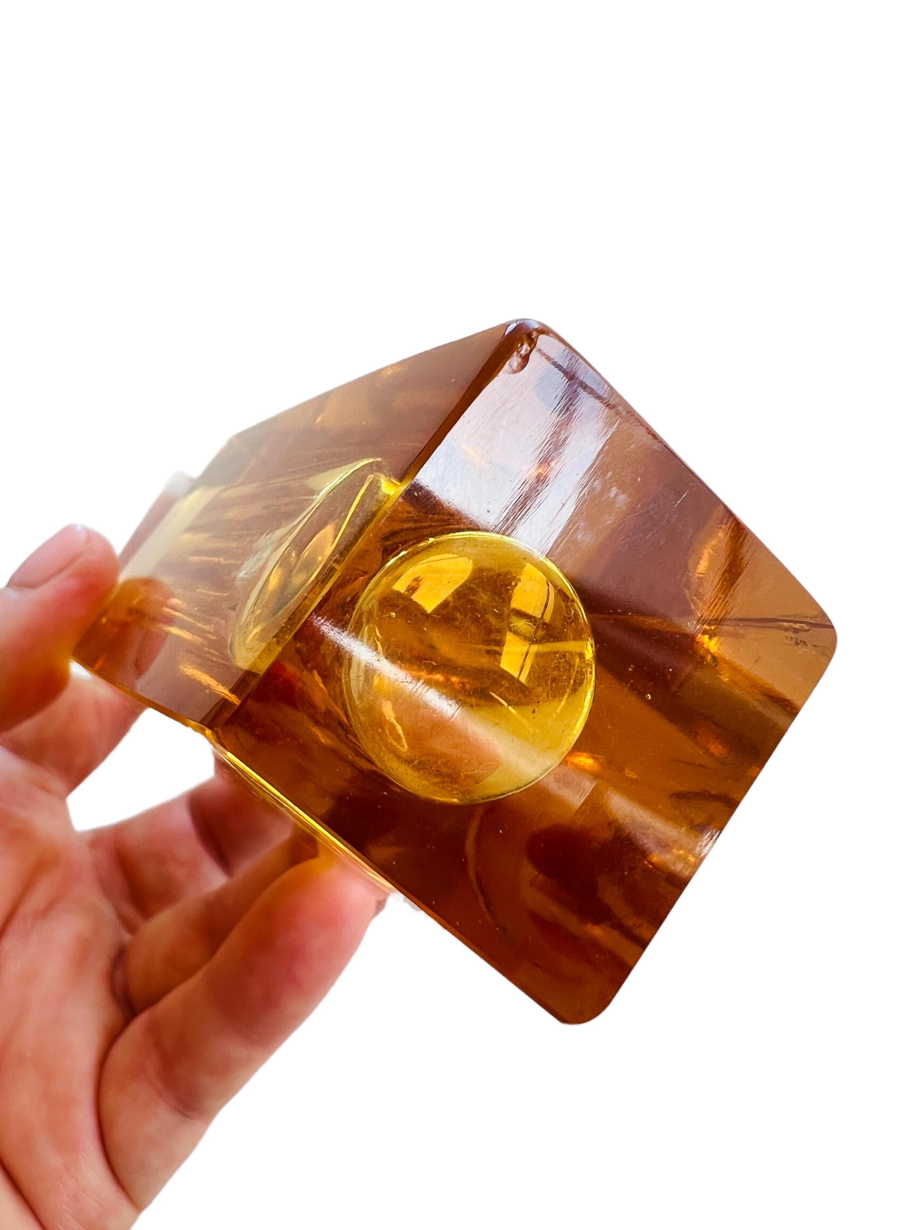 Moser Amber Yellow Rectangular Heavy Crystal Glass Perfume Bottle Czech In Good Condition For Sale In Sausalito, CA