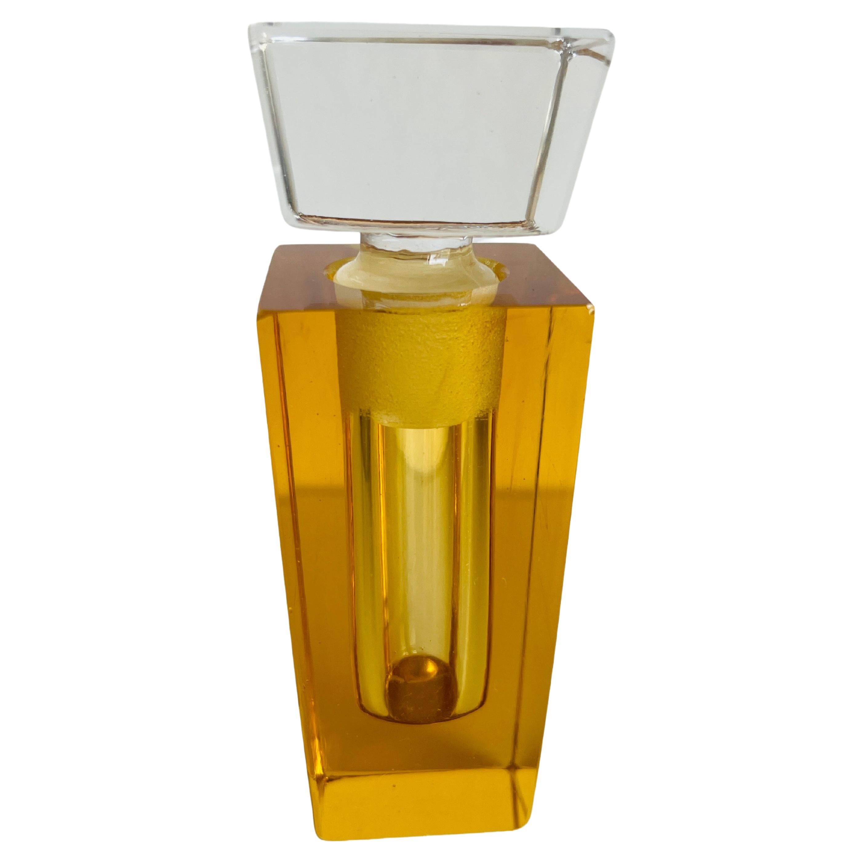Moser Amber Yellow Rectangular Heavy Crystal Glass Perfume Bottle Czech For Sale