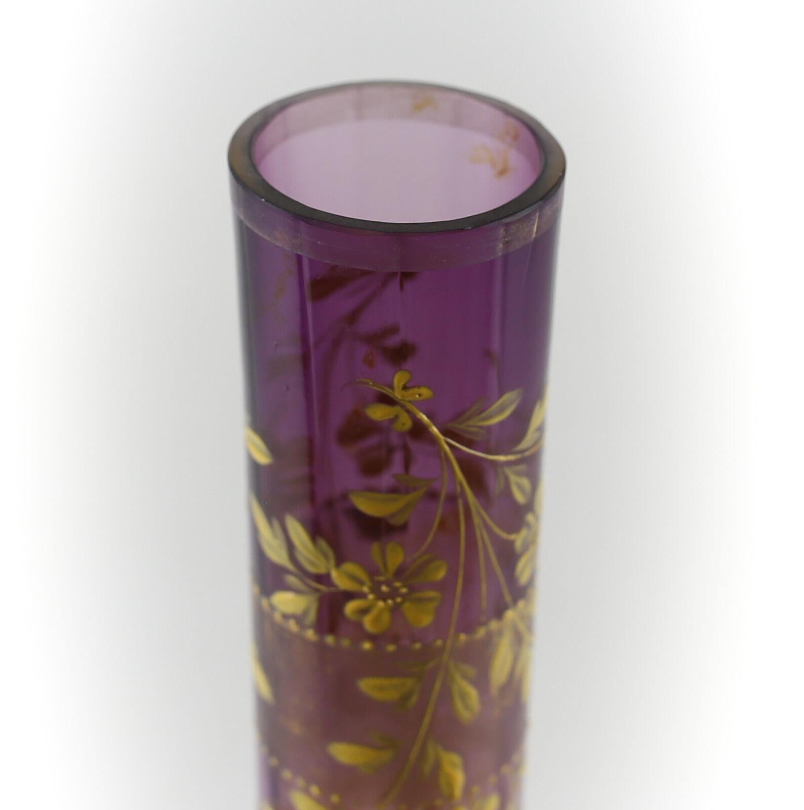 Czech Moser Amethyst Art Glass Bud Vase Raised Hand Painted Enamel & Gilt For Sale