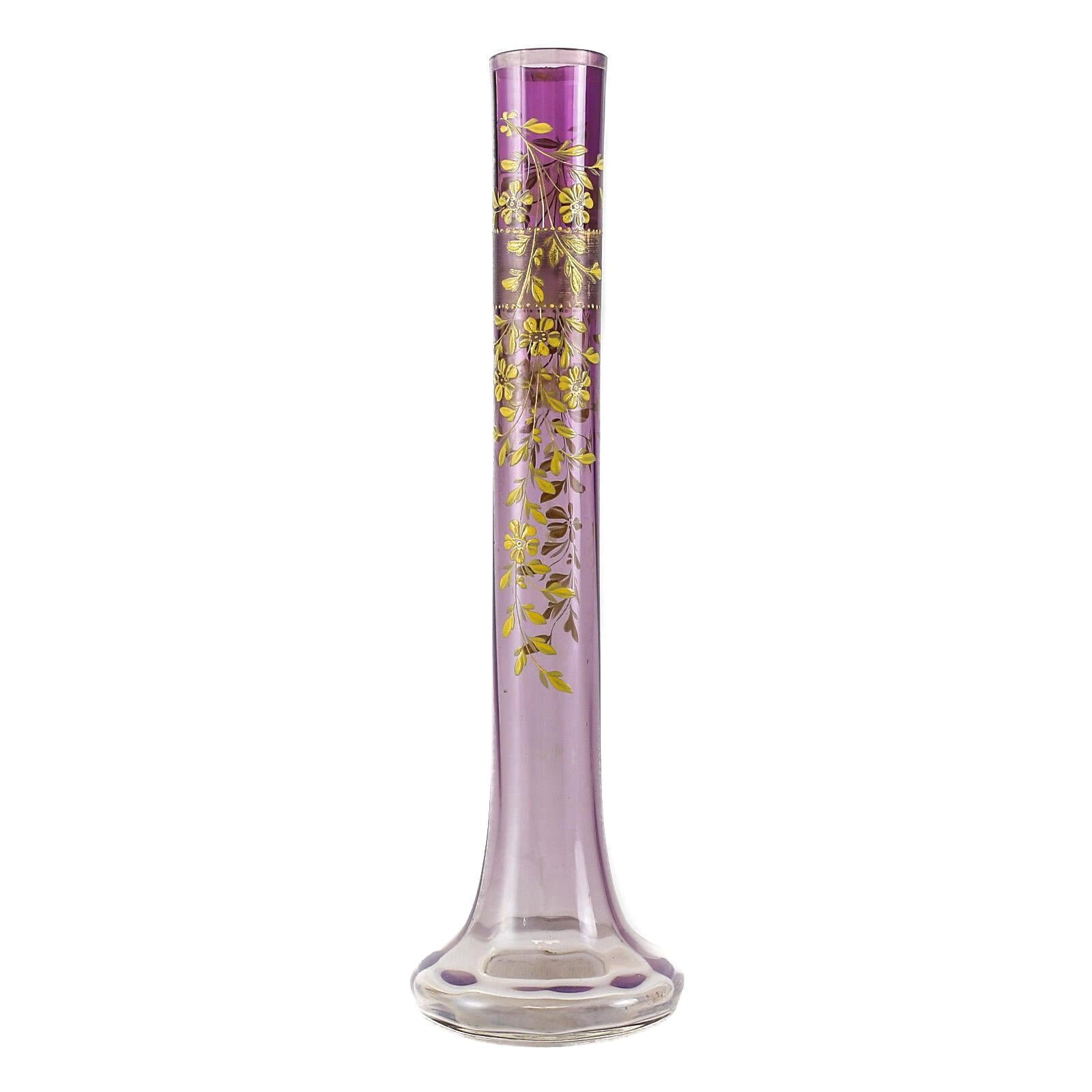 Moser Amethyst Art Glass Bud Vase Raised Hand Painted Enamel & Gilt For Sale