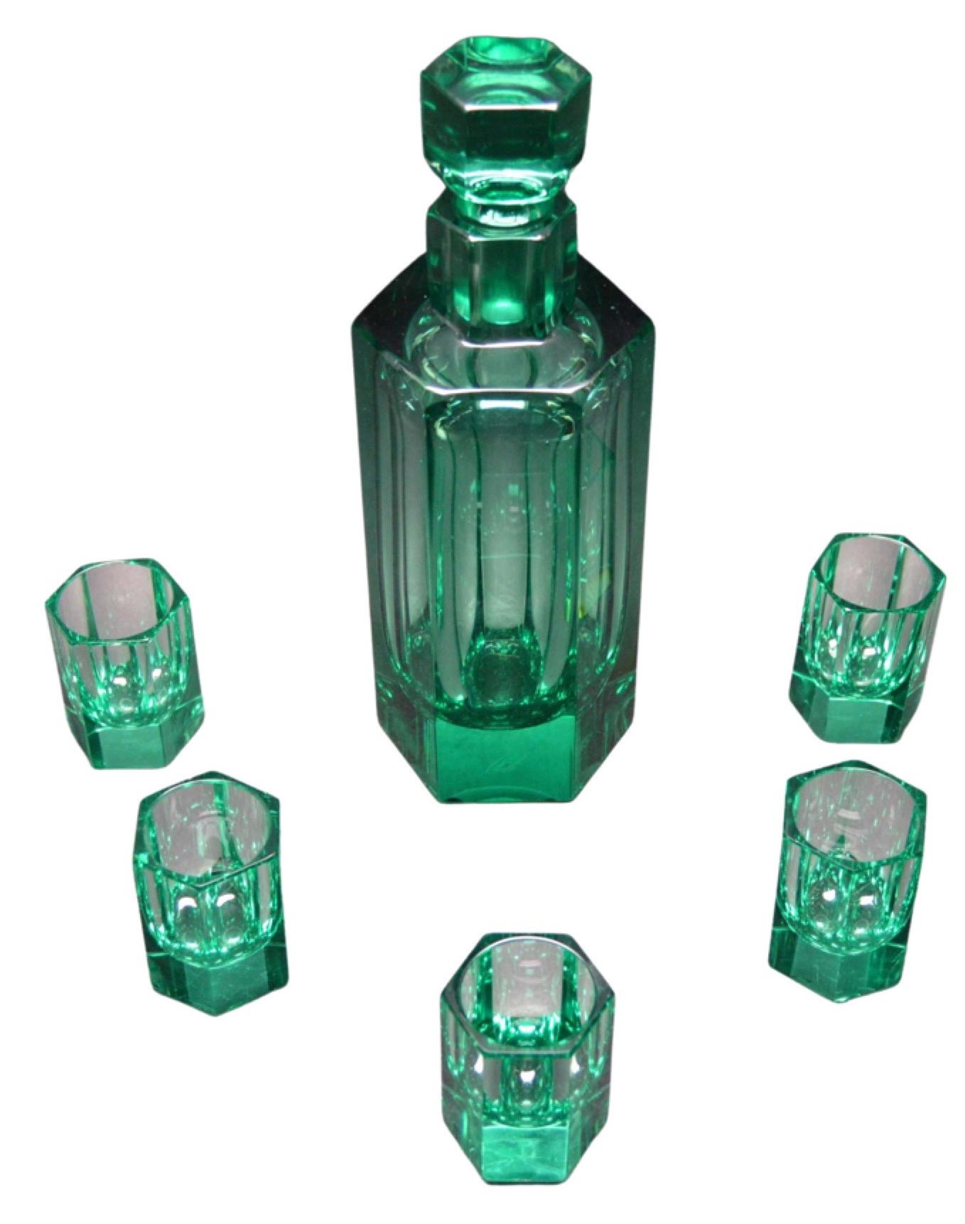 Moser glass Art Deco Czech rare green decanter set. The decanter is marked Moser Carlsbad. The color is incredible, no one can make colors like Moser, welcome to the emerald city, also the craftsmanship and weight of the highest quality. This is a