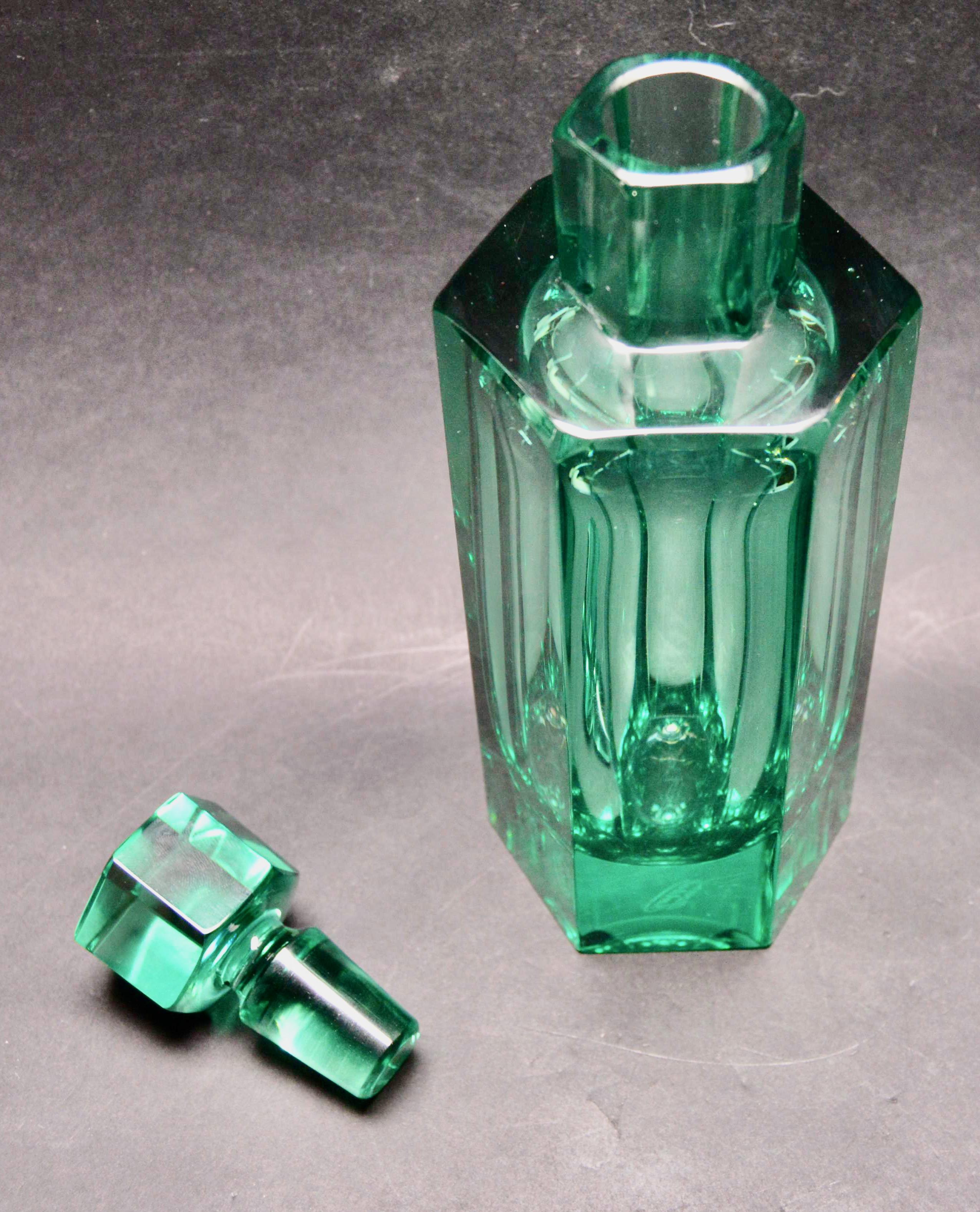 Mid-20th Century Moser Art Deco Czech Rare Green Decanter Set