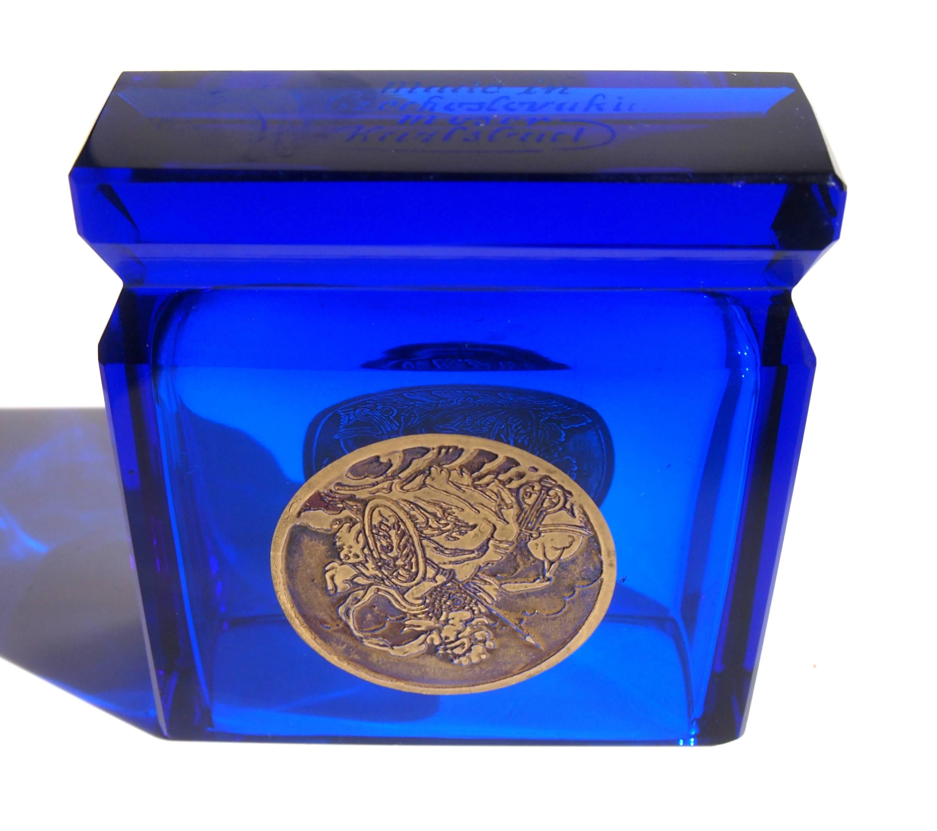 Art Glass Bohemian Moser Art Deco Oroplastic Blue Glass Card Holder For Sale