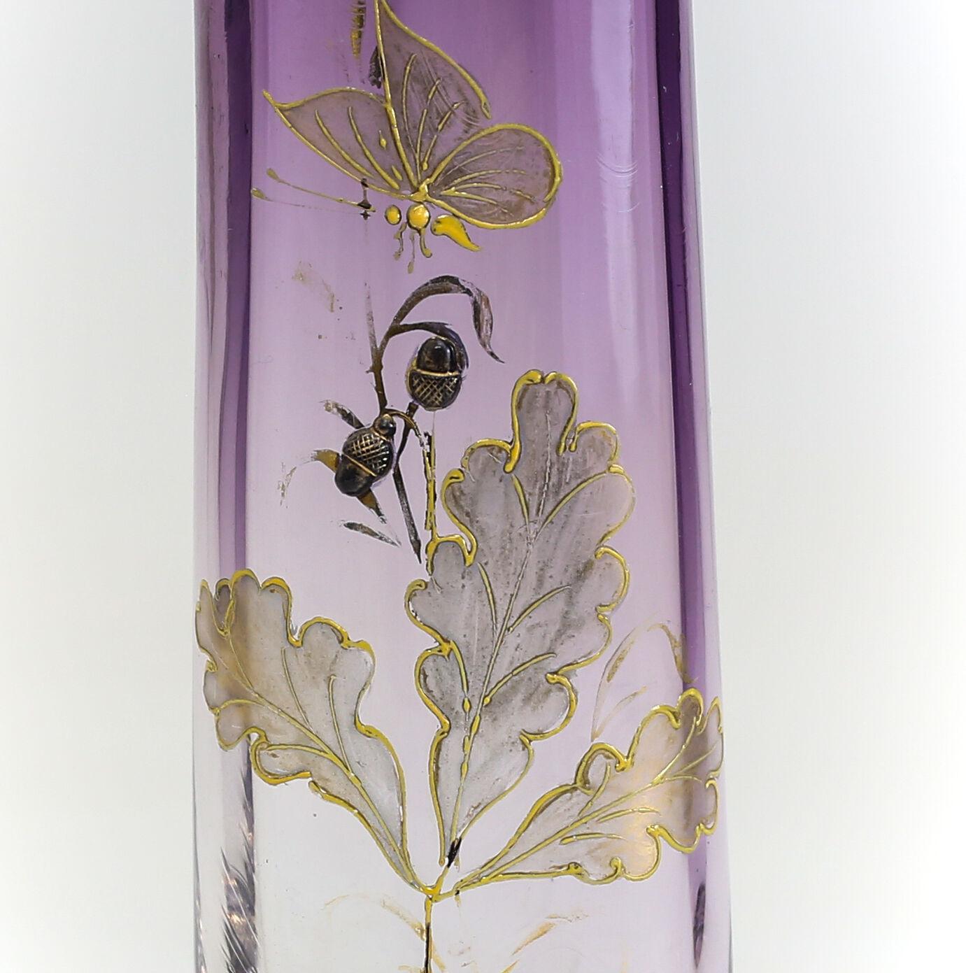 Moser Art Glass Raised Gold Gilt Vase Amethyst Clear Raised Leaves Butterflies

Two highly raised 'bugs' or flower buds. Etched 