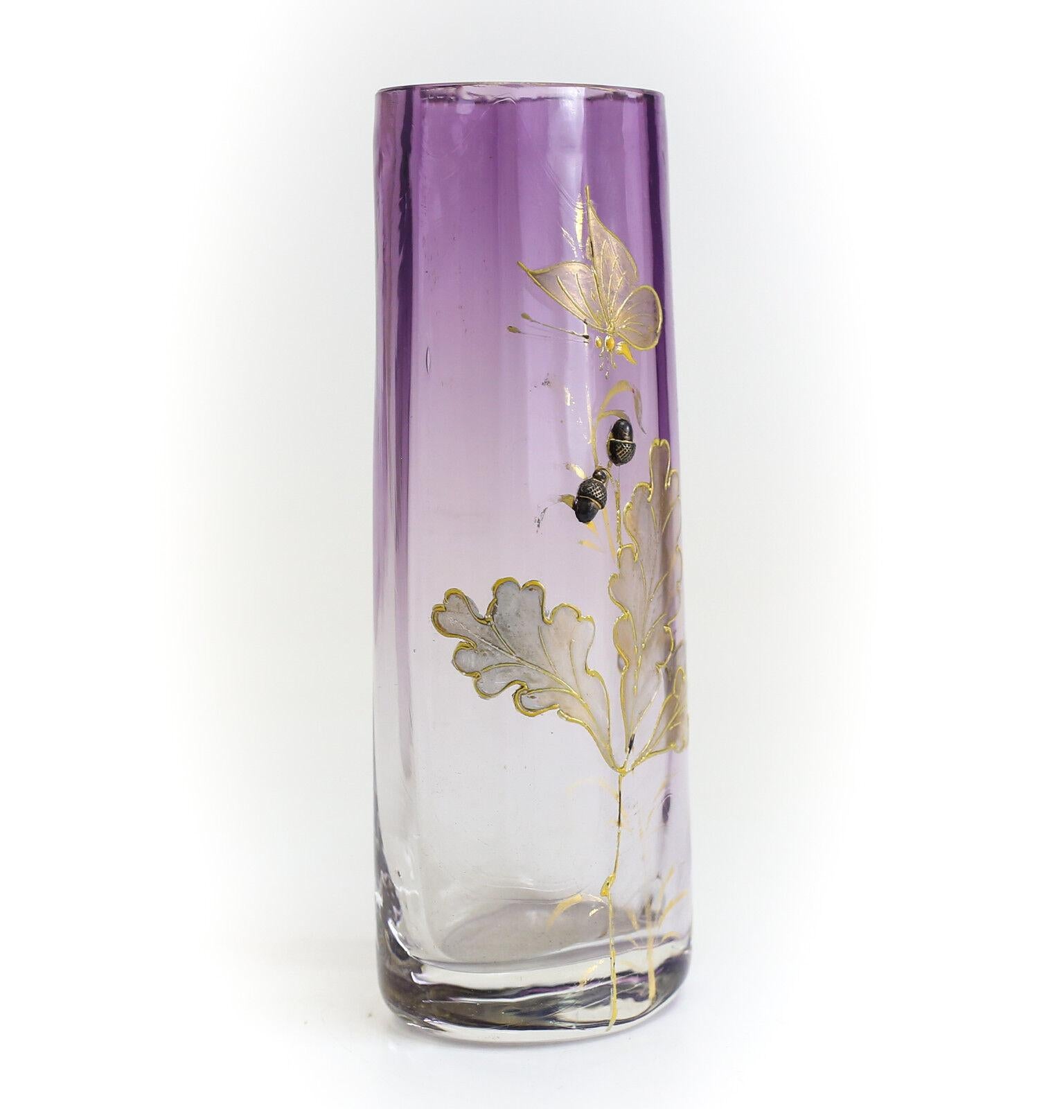 Czech Moser Art Glass Raised Gold Gilt Vase Amethyst Clear Raised Leaves Butterflies For Sale