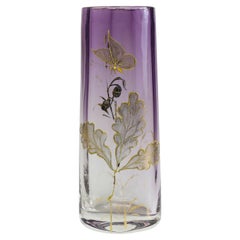 Antique Moser Art Glass Raised Gold Gilt Vase Amethyst Clear Raised Leaves Butterflies