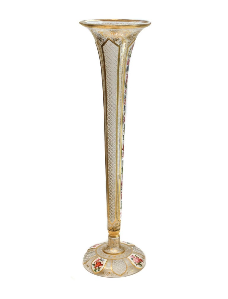 Moser Art Glass Trumpet Form Tall Bud Vase, Hand Painted Enamel, circa
