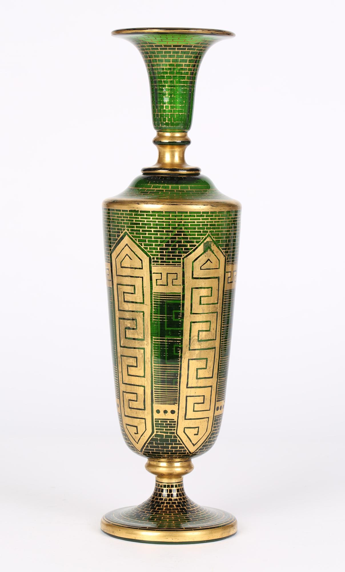 Moser Attributed Antique Bohemian Tall Gilded Green Glass Vase 4