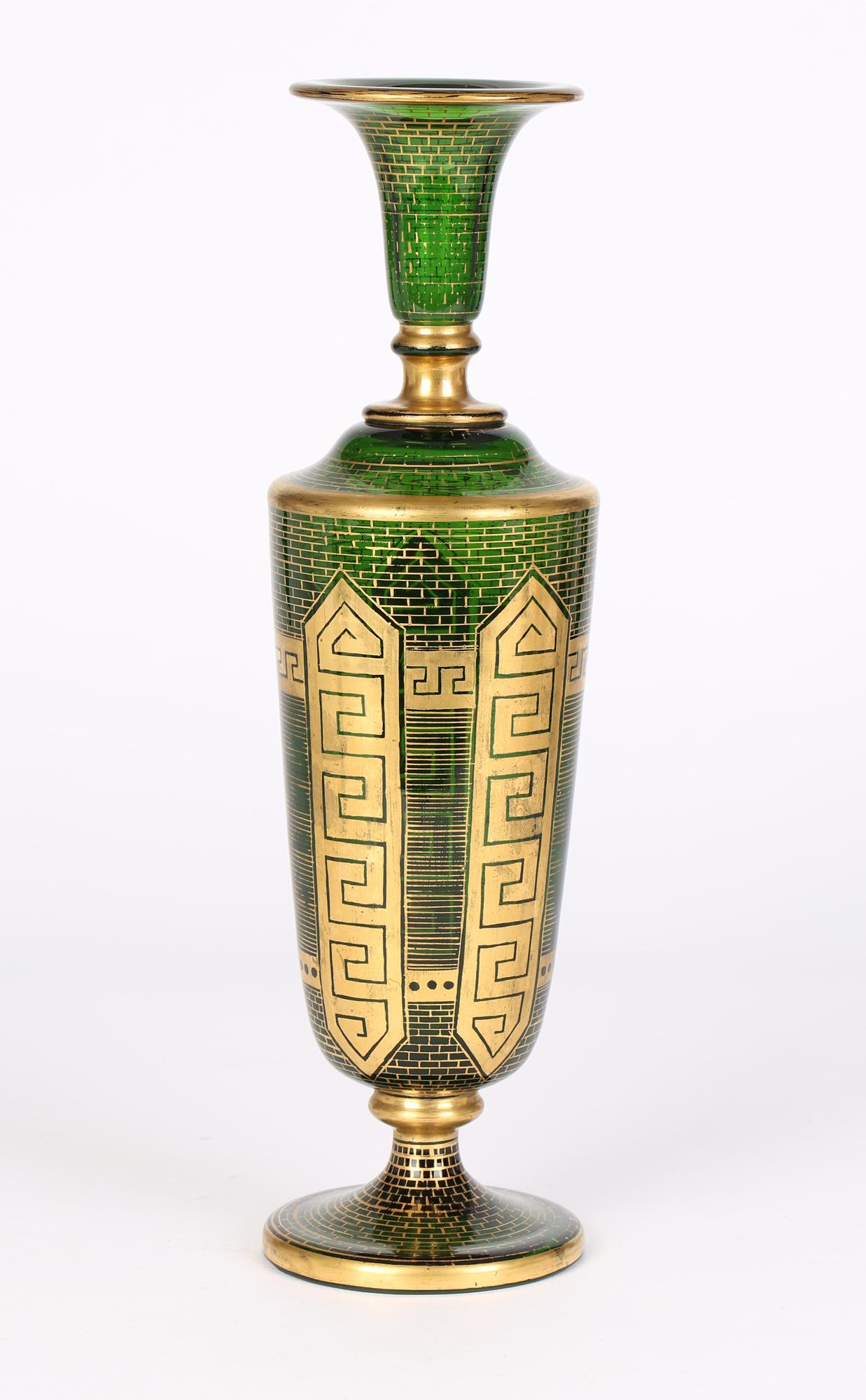 Moser Attributed Antique Bohemian Tall Gilded Green Glass Vase 7