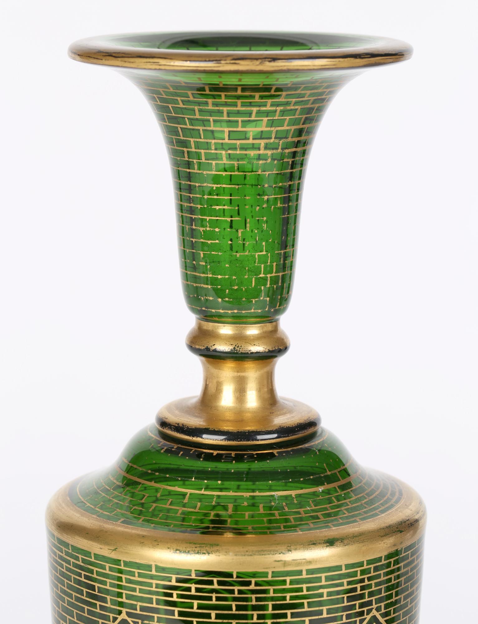 Moser Attributed Antique Bohemian Tall Gilded Green Glass Vase 8