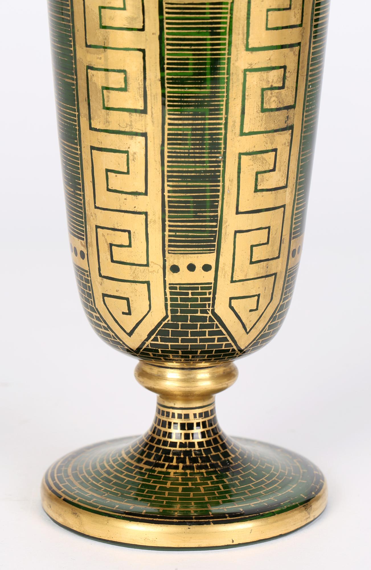 Art Nouveau Moser Attributed Antique Bohemian Tall Gilded Green Glass Vase