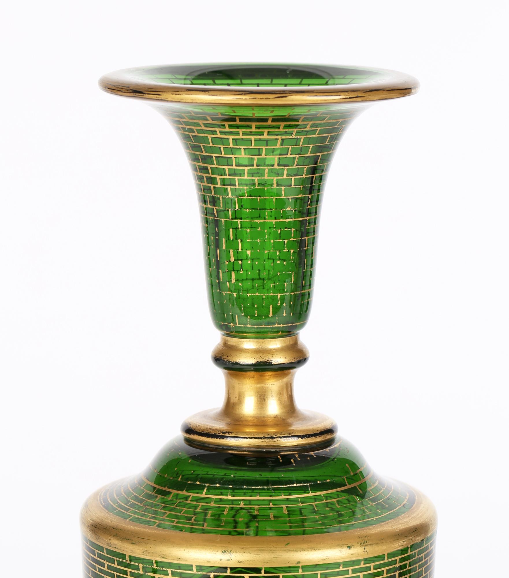 Moser Attributed Antique Bohemian Tall Gilded Green Glass Vase In Good Condition In Bishop's Stortford, Hertfordshire
