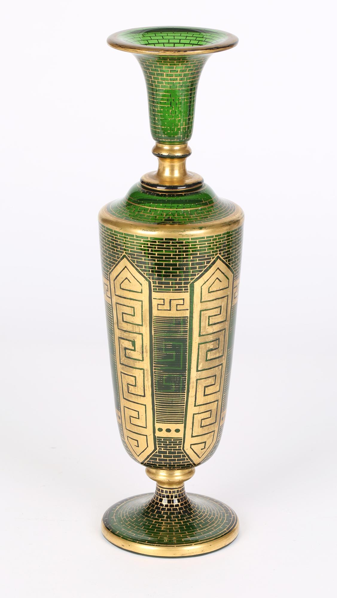 Moser Attributed Antique Bohemian Tall Gilded Green Glass Vase 1