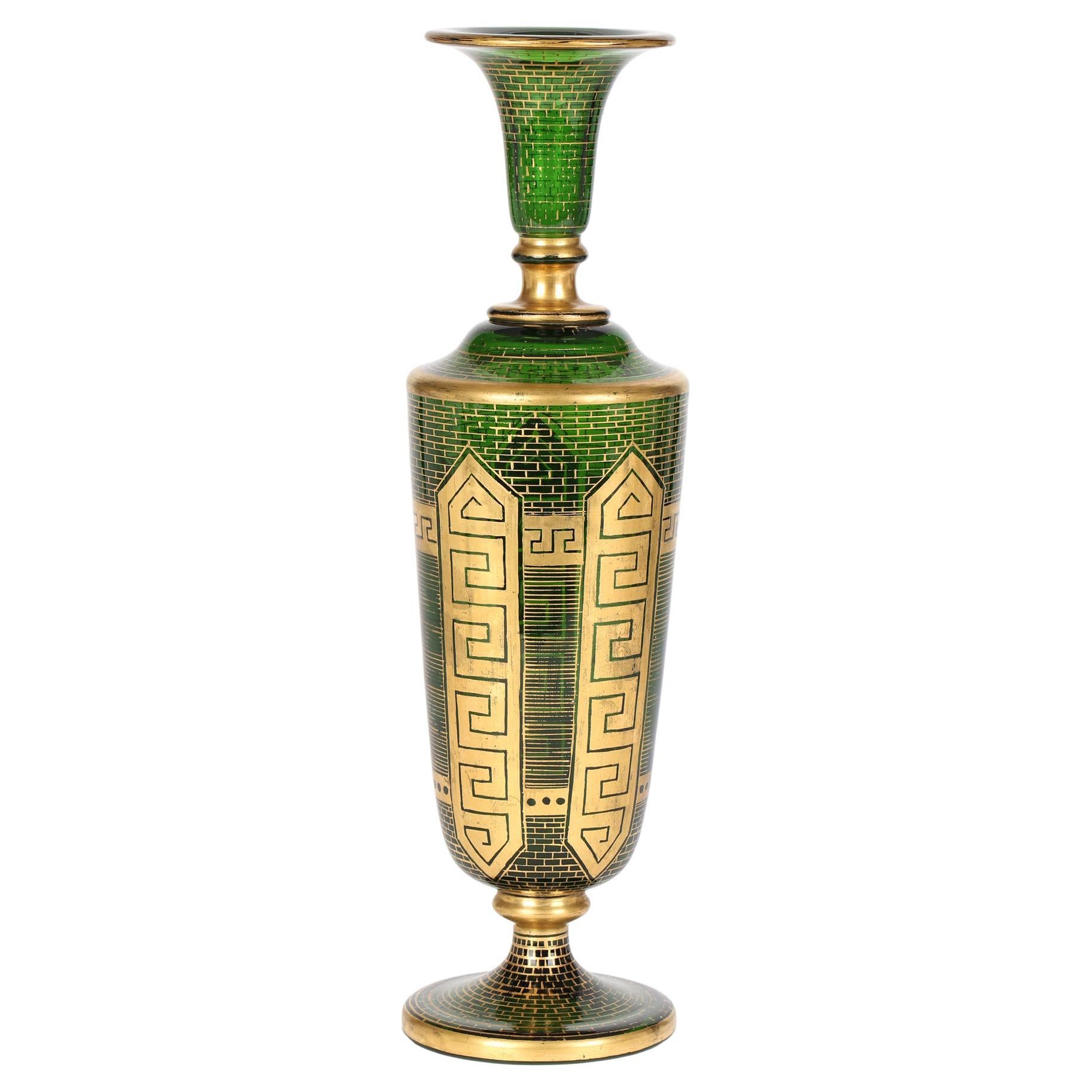 Moser Attributed Antique Bohemian Tall Gilded Green Glass Vase