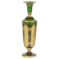 Moser Attributed Antique Bohemian Tall Gilded Green Glass Vase