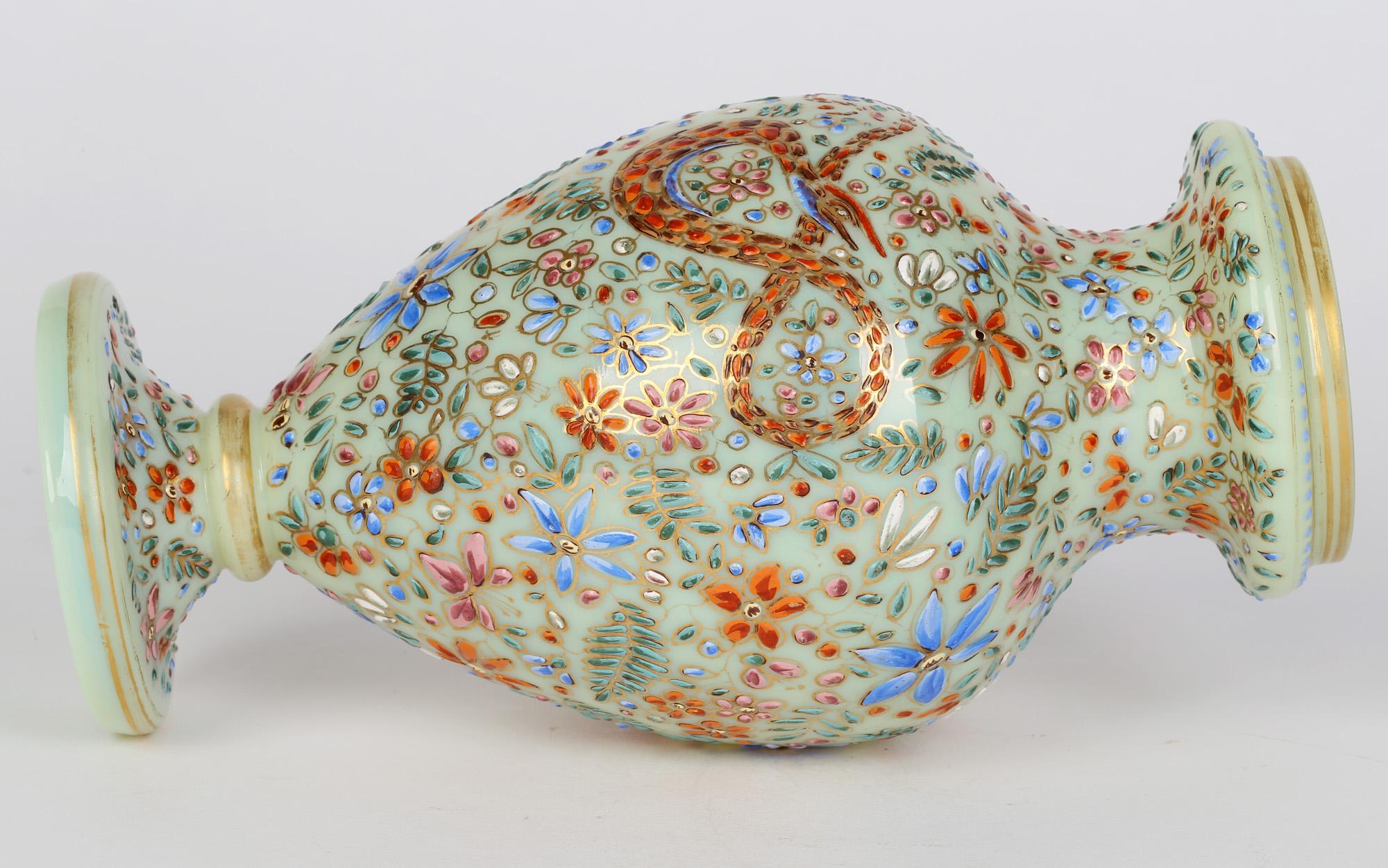 Blown Glass Moser Attributed Enamel Snake Decorated Opalescent Glass Vase For Sale