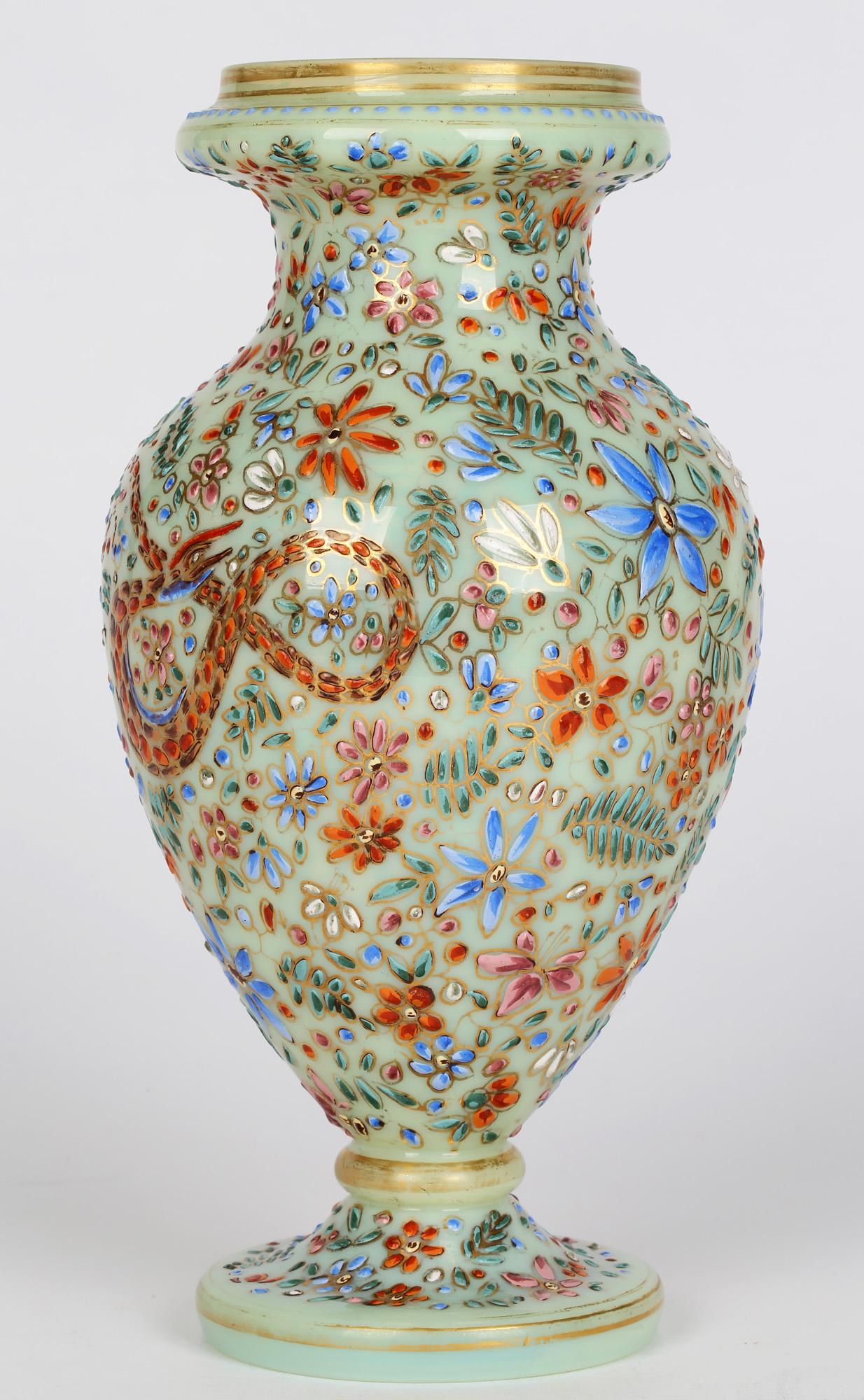 Moser Attributed Enamel Snake Decorated Opalescent Glass Vase For Sale 1