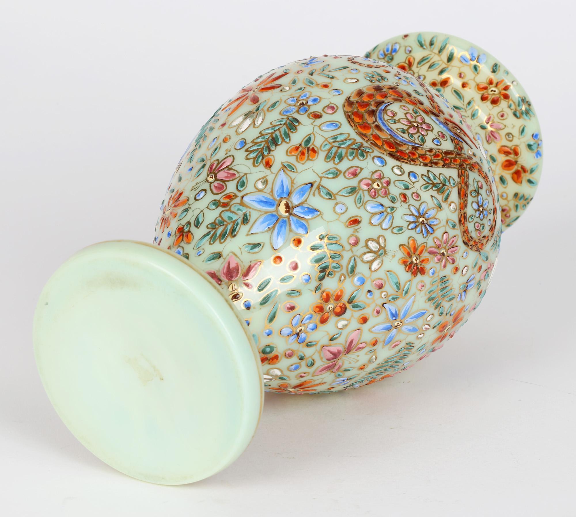 Moser Attributed Enamel Snake Decorated Opalescent Glass Vase For Sale 2