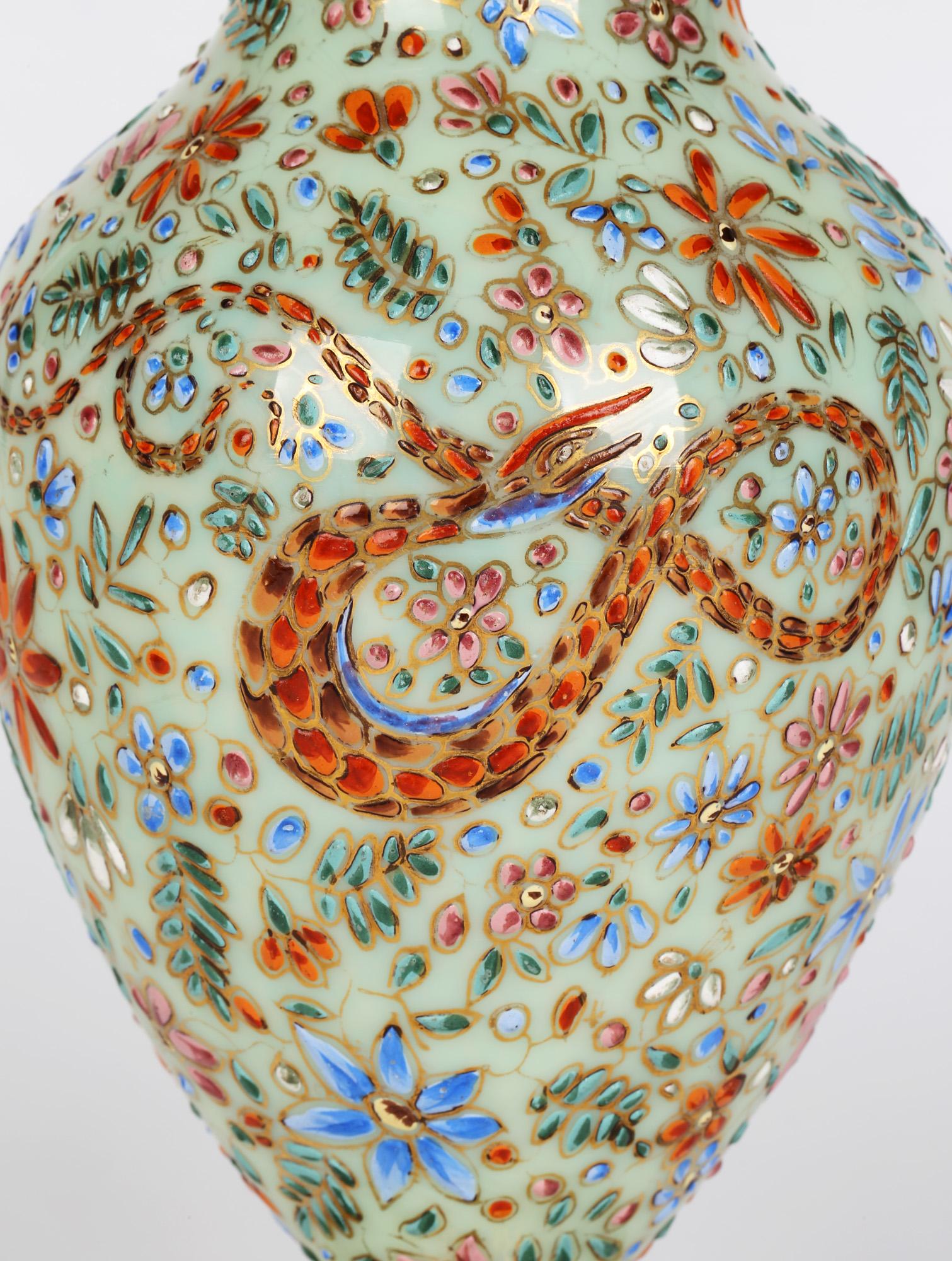 Moser Attributed Enamel Snake Decorated Opalescent Glass Vase For Sale 5