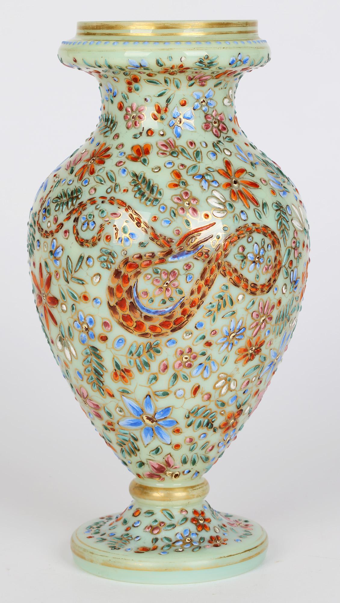 Moser Attributed Enamel Snake Decorated Opalescent Glass Vase For Sale 6