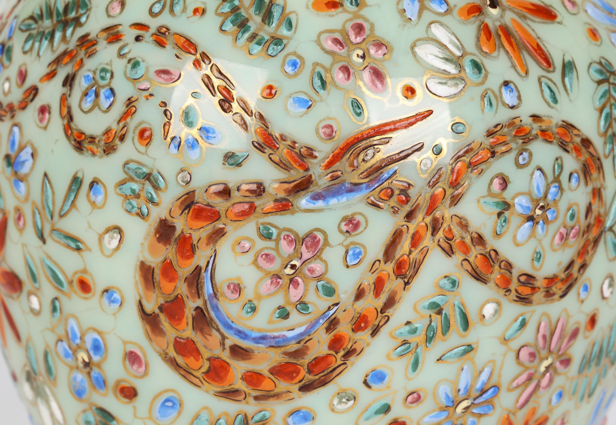 Aesthetic Movement Moser Attributed Enamel Snake Decorated Opalescent Glass Vase For Sale