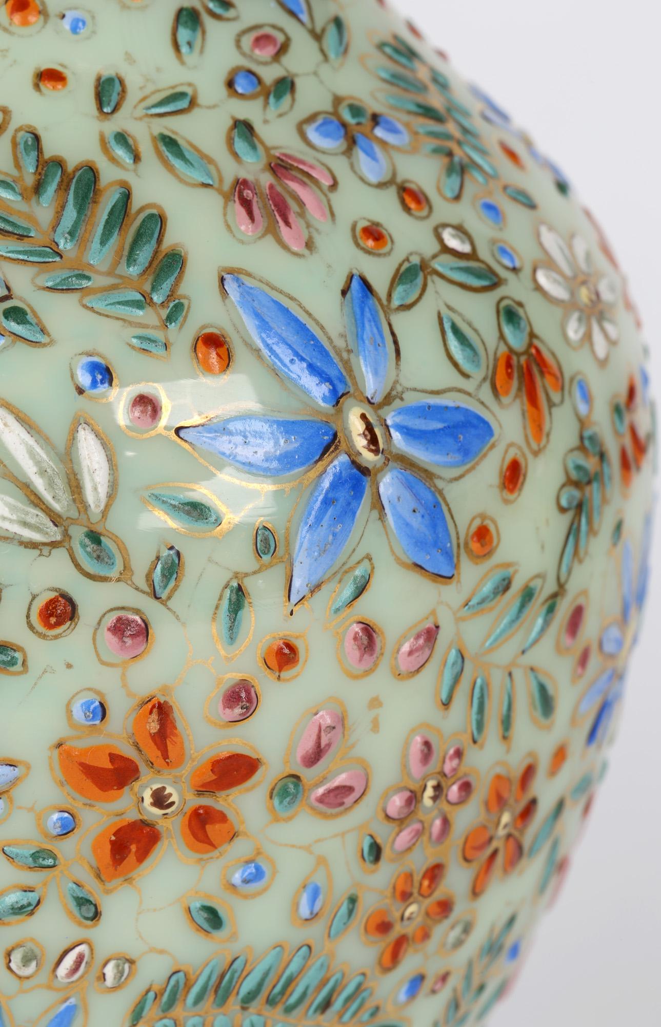 Enameled Moser Attributed Enamel Snake Decorated Opalescent Glass Vase For Sale
