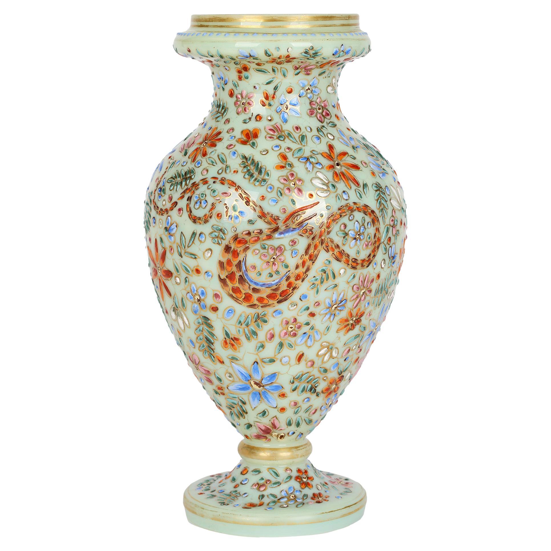Moser Attributed Enamel Snake Decorated Opalescent Glass Vase For Sale