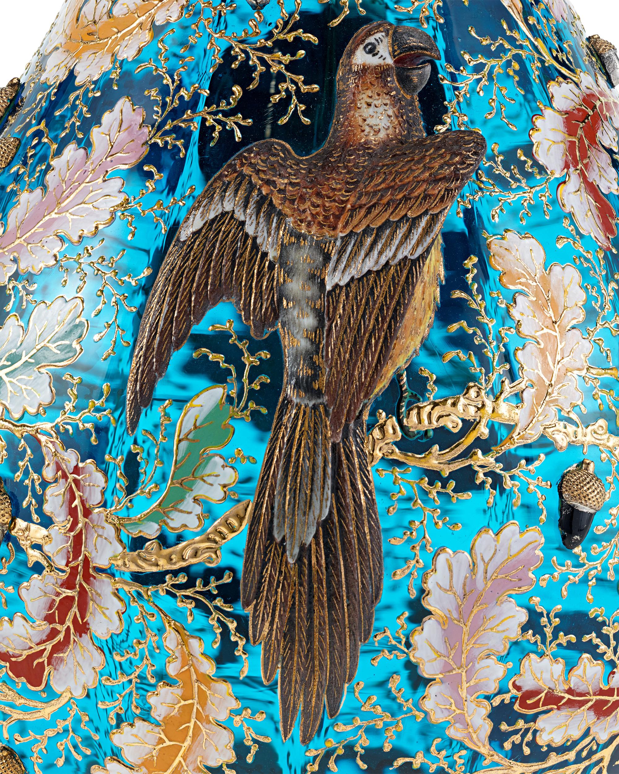 Aguamanil de vidrio azul y esmalte para loros Moser Bohemio en venta