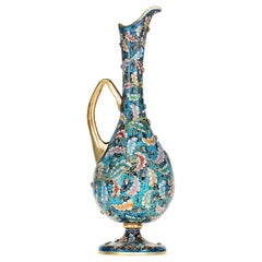 Antique Moser Blue Glass and Enamel Parrot Ewer