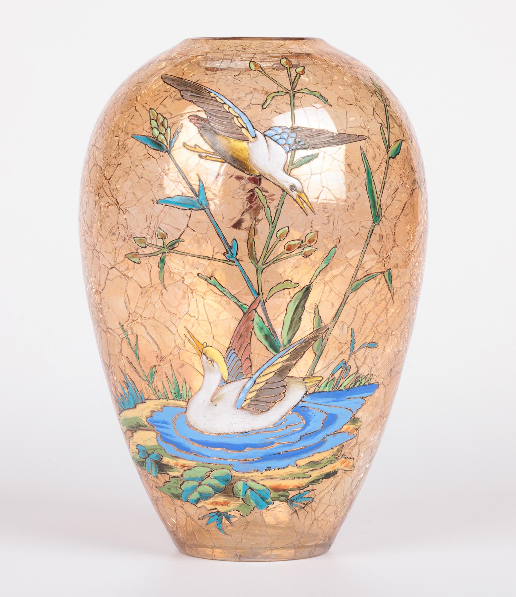 Czech Moser Bohemian Art Glass Vase Decorated with Enamelled Water Birds