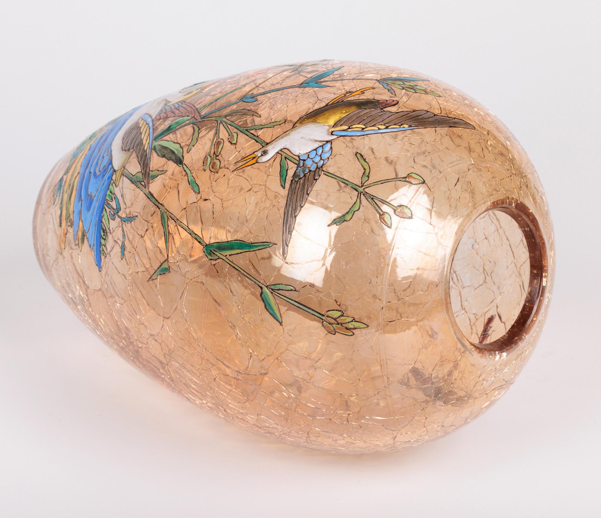 Hand-Crafted Moser Bohemian Art Glass Vase Decorated with Enamelled Water Birds