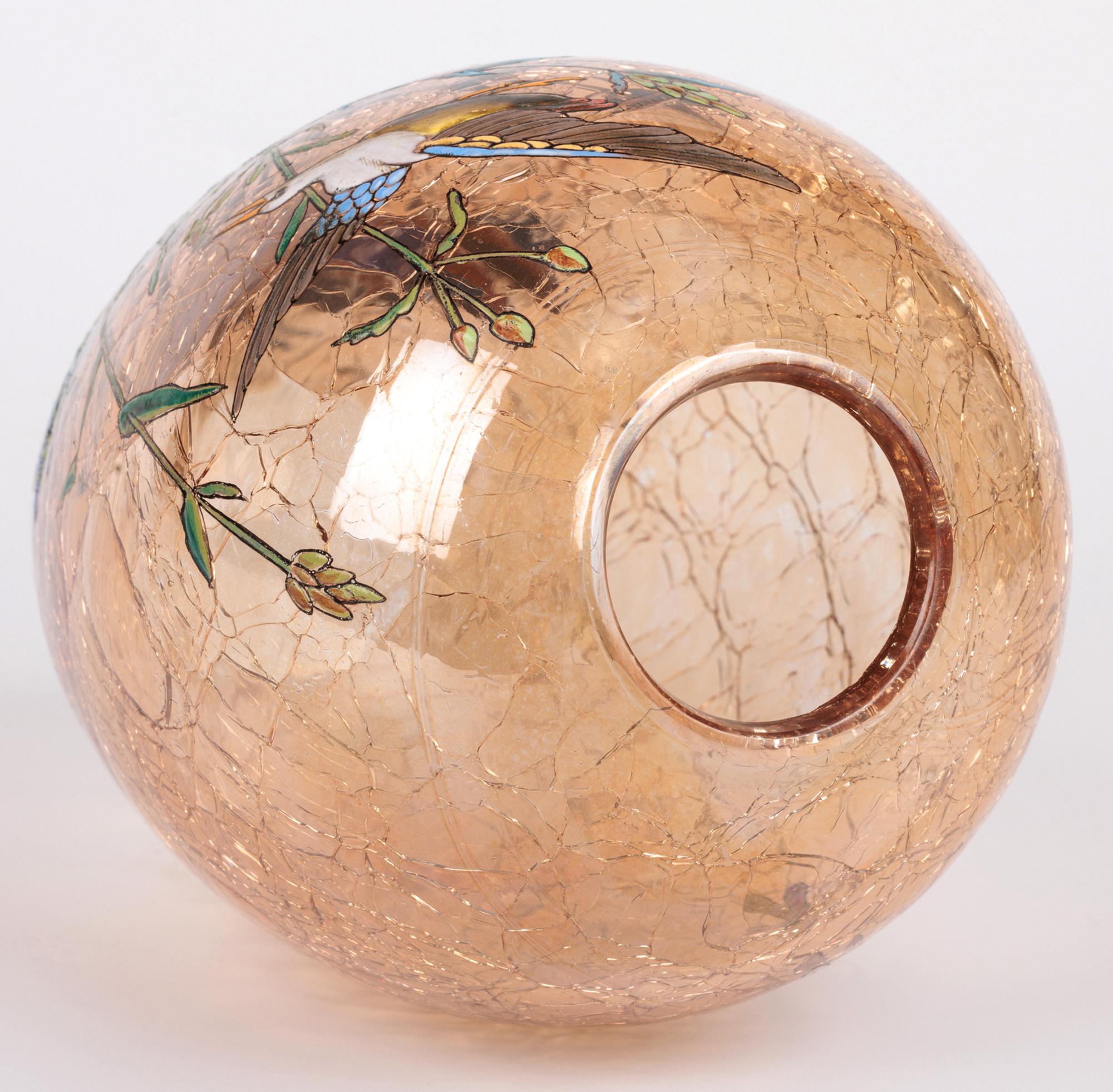 20th Century Moser Bohemian Art Glass Vase Decorated with Enamelled Water Birds