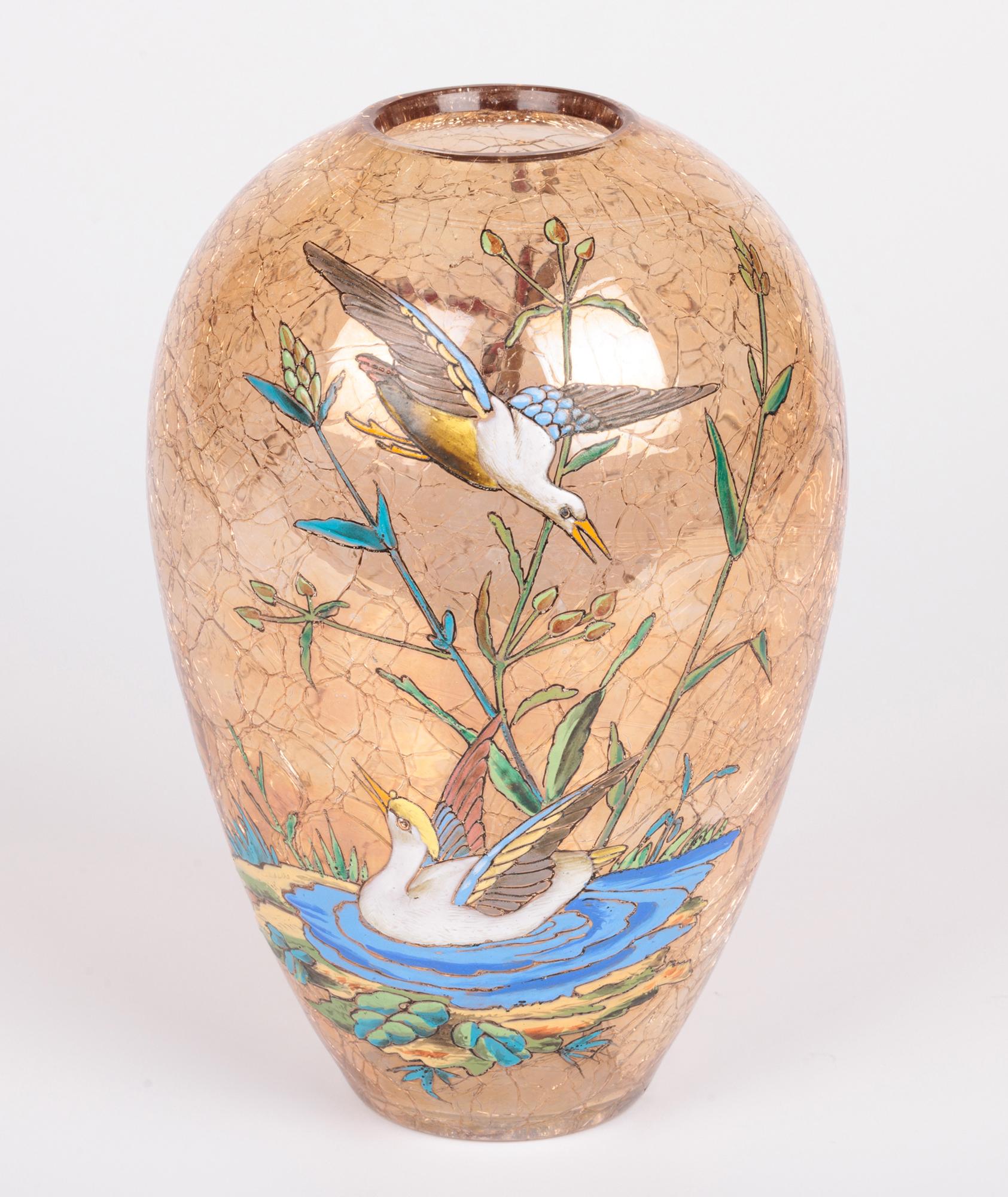 Moser Bohemian Art Glass Vase Decorated with Enamelled Water Birds 2