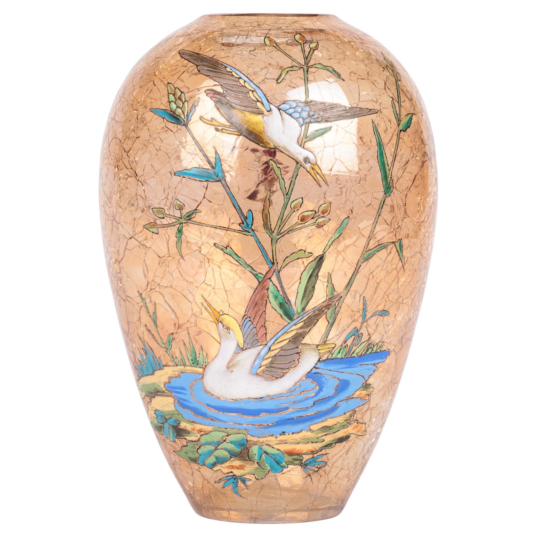 Moser Bohemian Art Glass Vase Decorated with Enamelled Water Birds
