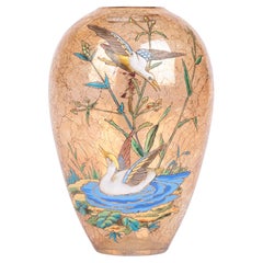 Antique Moser Bohemian Art Glass Vase Decorated with Enamelled Water Birds