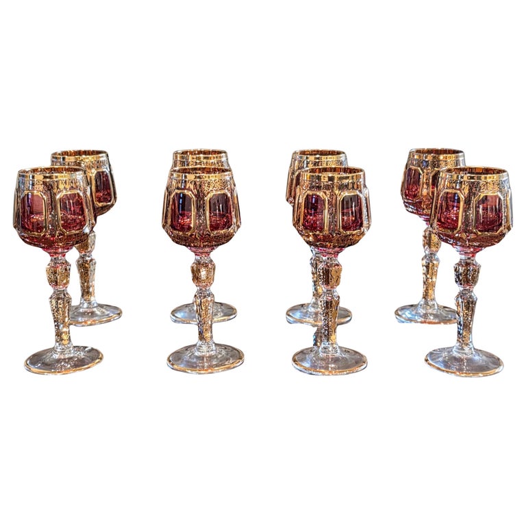Moser Bohemian Cranberry Red Cut to Clear Crystal Gold Gilt Cordial Glass  Set 8 For Sale at 1stDibs