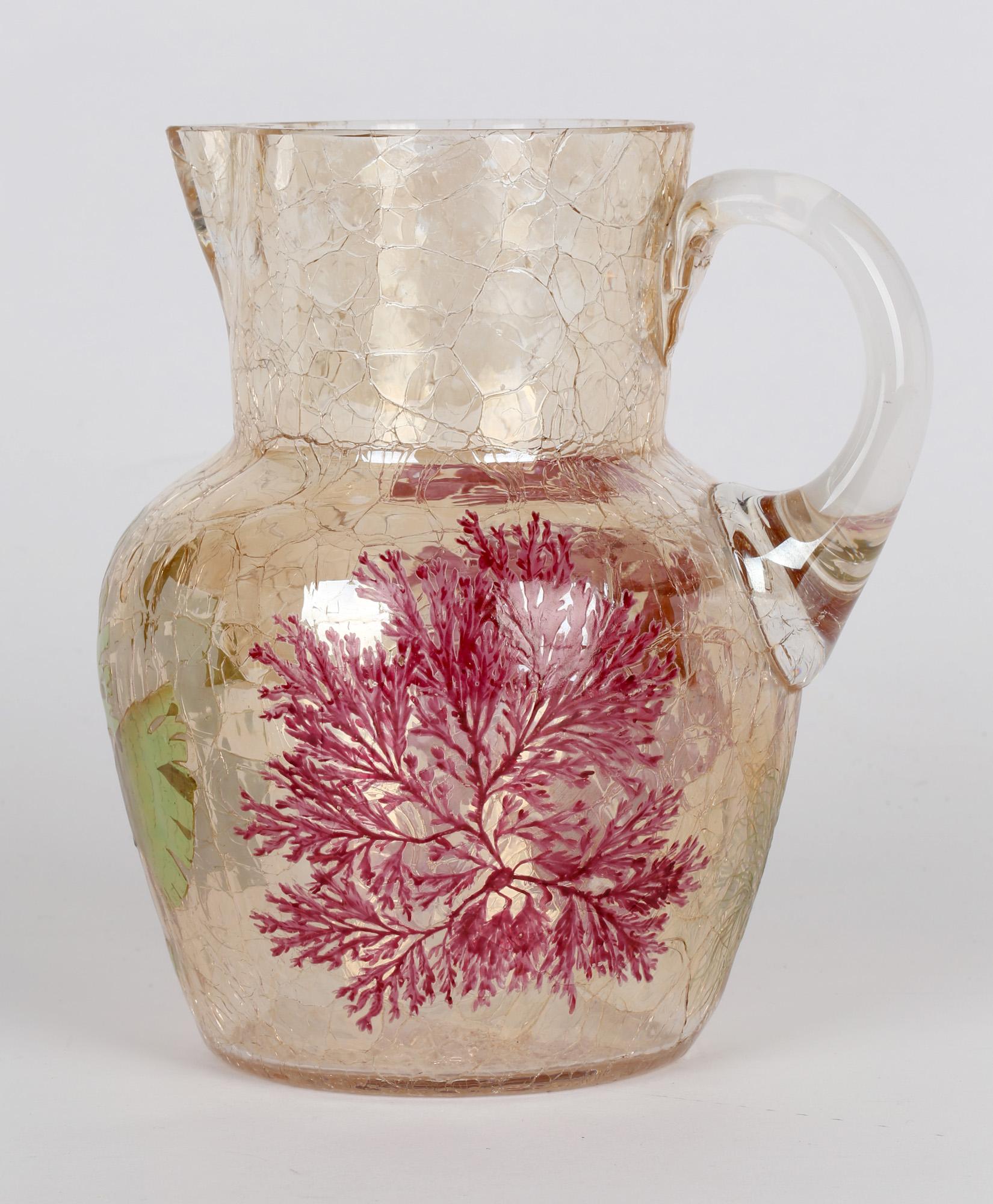 Moser Bohemian Craquel Glass Jug with Enameled Seaweed Designs 7